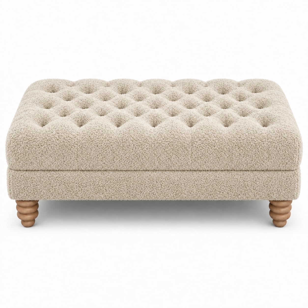 Chesterfield Teddy Fabric Footstool Coffee Table – Extra Large Deep Button Tufted Ottoman Bench, Soft Teddy Cloud Bouclé Foot Stool with Wooden Frame for Living Room & Bedroom (Ivory)