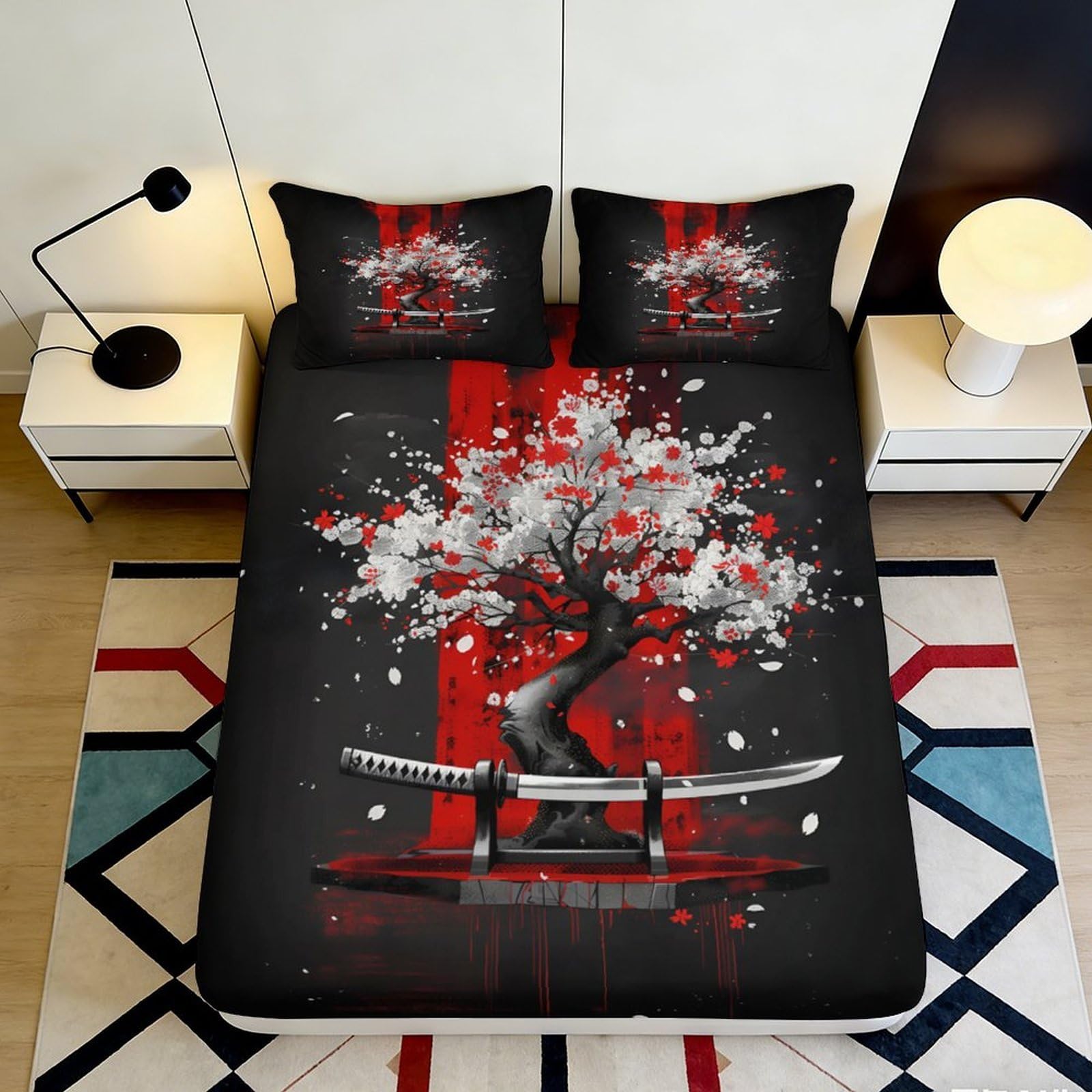 3D Printed Japanese Cherry Blossom Fitted Sheet Microfiber Soft Durable Katana Bed Cover for Bedroom Dormitory Guest Room Mattress Protection 160x200x25cm