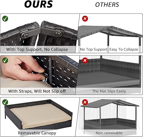 Miniatura 4 de NATURAL EXPRESSIONS Casa de perro de mimbre 2 en 1, cama elevada para perros para interiores y exteriores con toldo extraíble, casa grande para