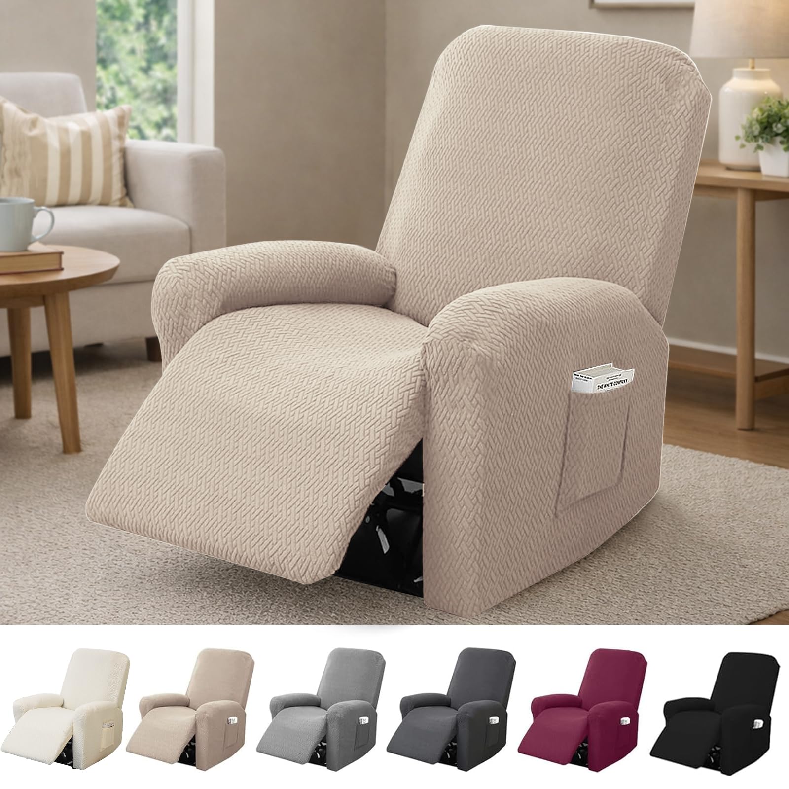 Funda Sillon Relax Reclinable 1 Plaza, Funda Sofa Relax con Bolsillos, Fundas Elástica de Jacquard a Rayas Diseño Todo Incluido para Sillón Reclinable (Gris Marrón)