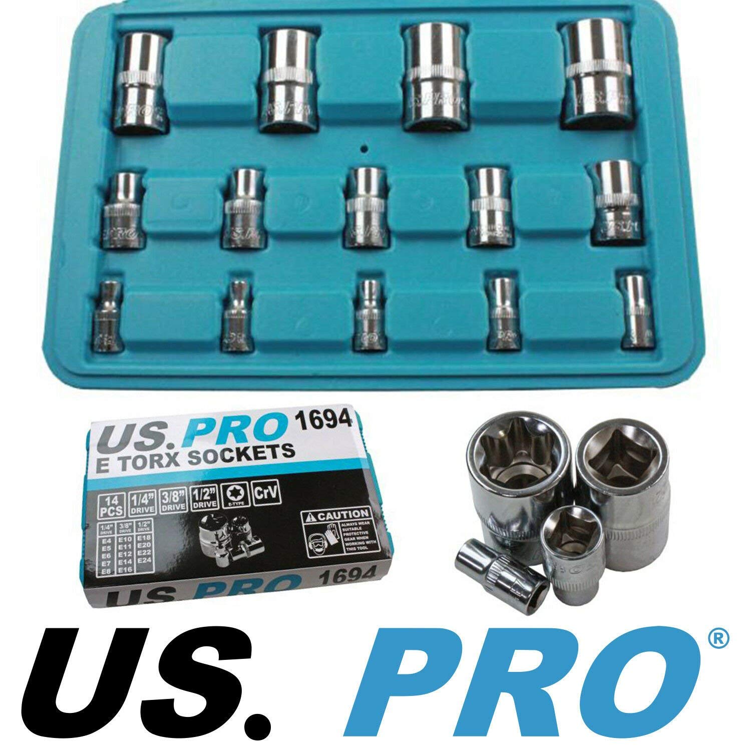 US PRO 14PC E STAR FEMALE SOCKET SET 1/4"" 3/8"" 1/2"" DRIVE TORX TORQ E4 - E24