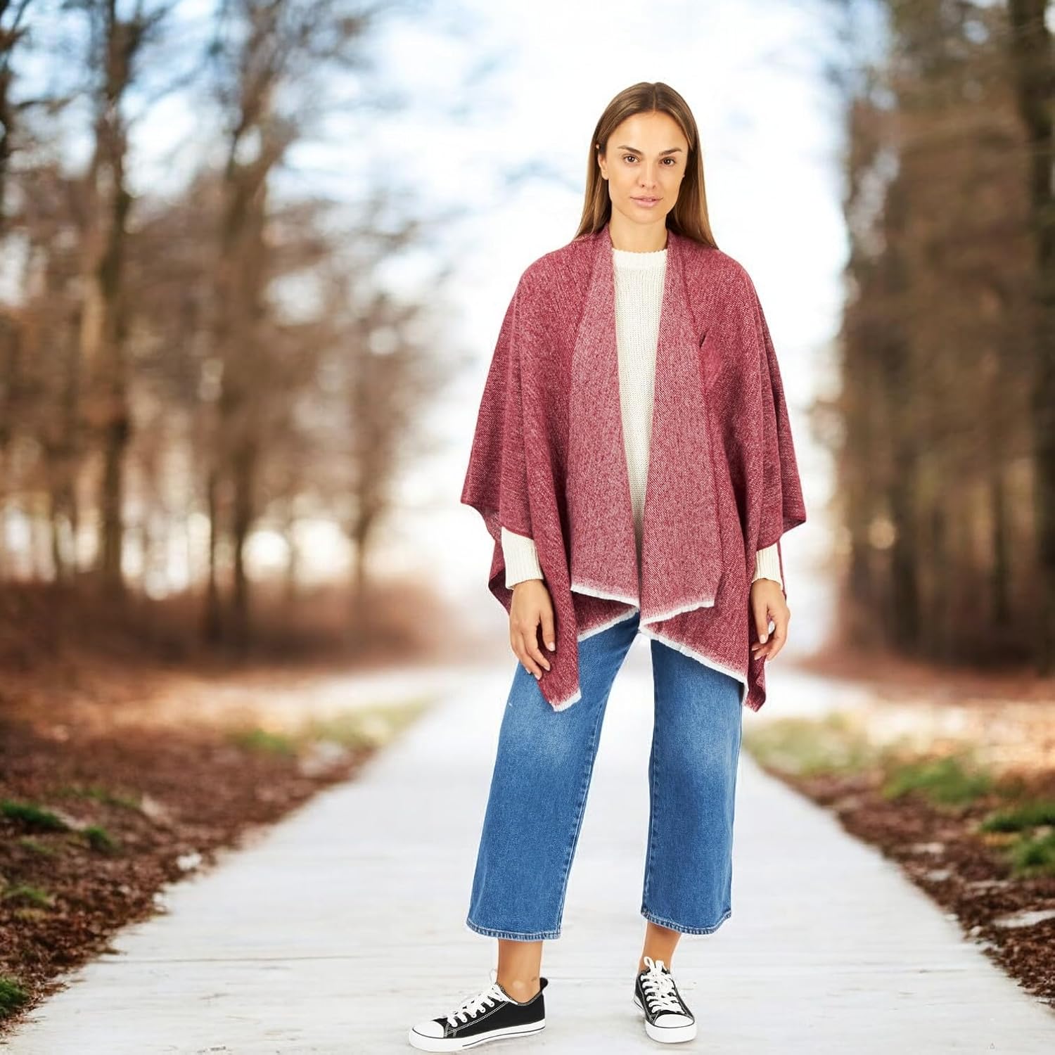 Women's Shawl Wrap Poncho Ruana Cape Cardigan Sweater Open Front for Fall Winter Spring - Image 2