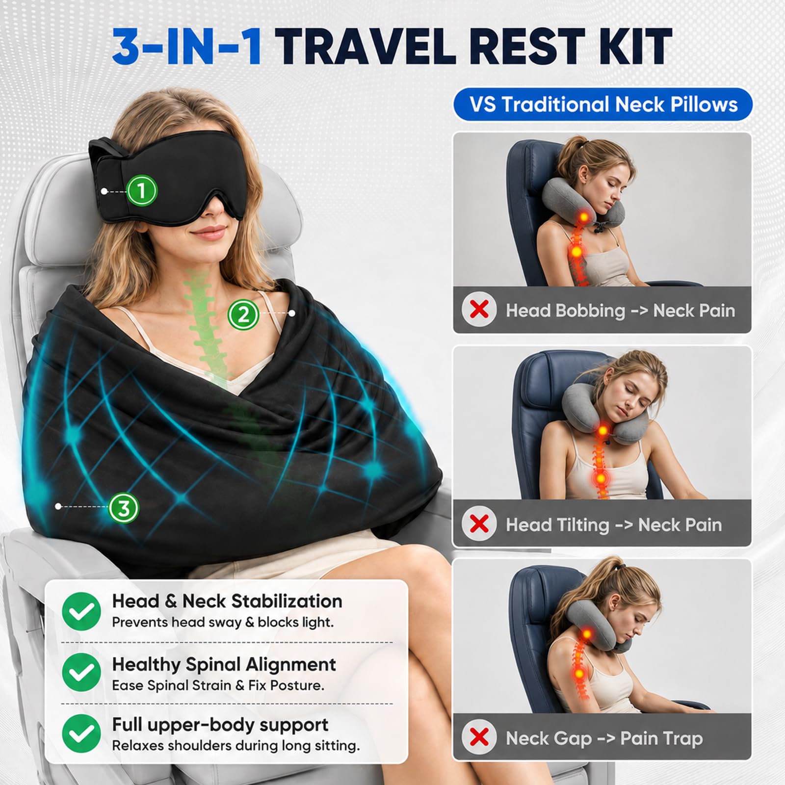 Kilpkonn Almohada de viaje, antifaz para dormir, cojín cervical de viaje
