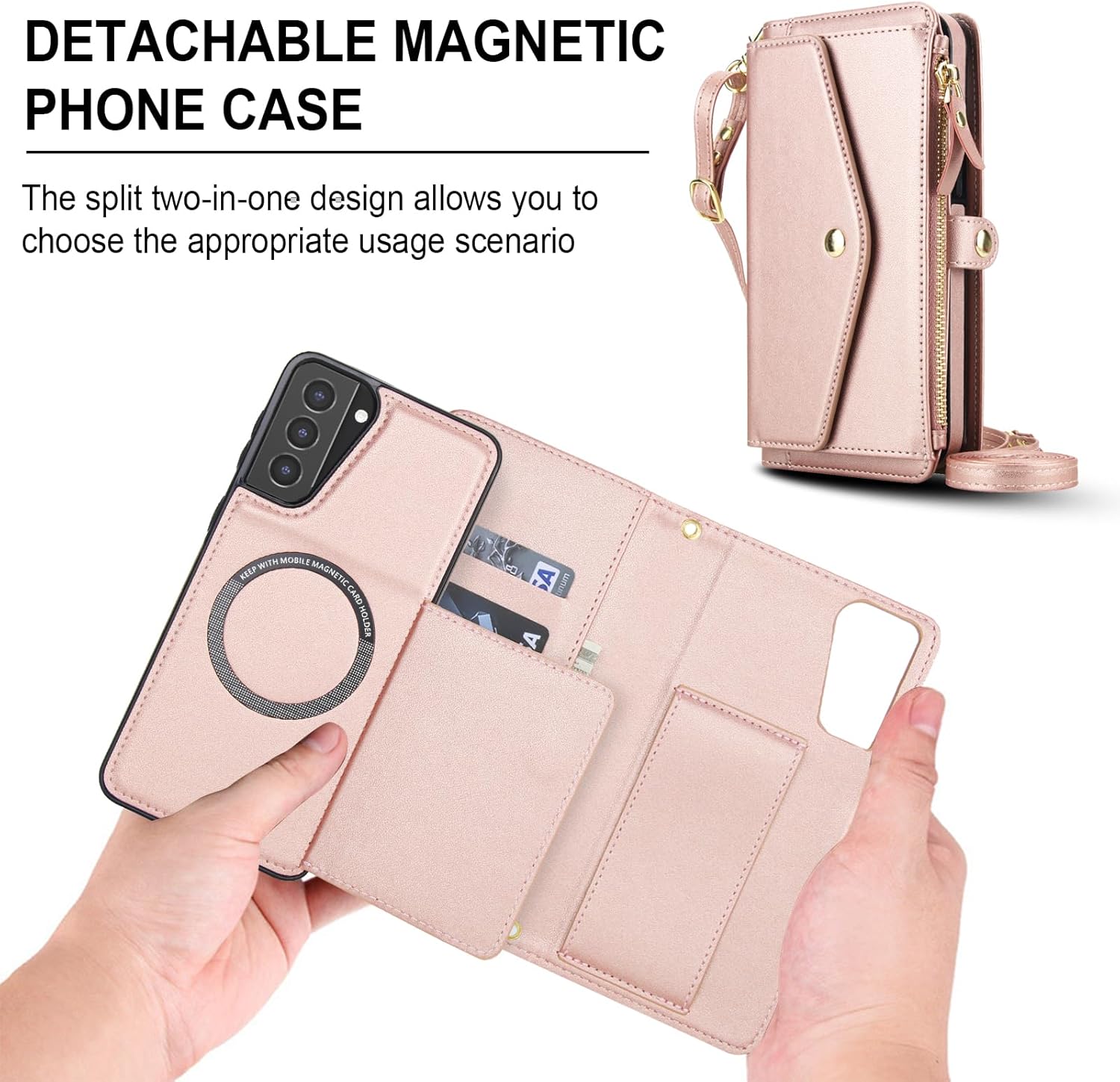 Phone Case for Samsung Galaxy S21 Plus S21+ 5G Wallet Cover Compatible with Magsafe RFID Screen Protector Crossbody Lanyard Strap Flip Card Holder Slot S21+5G S21plus 21S + S 21 21+ G5 Rose Gold