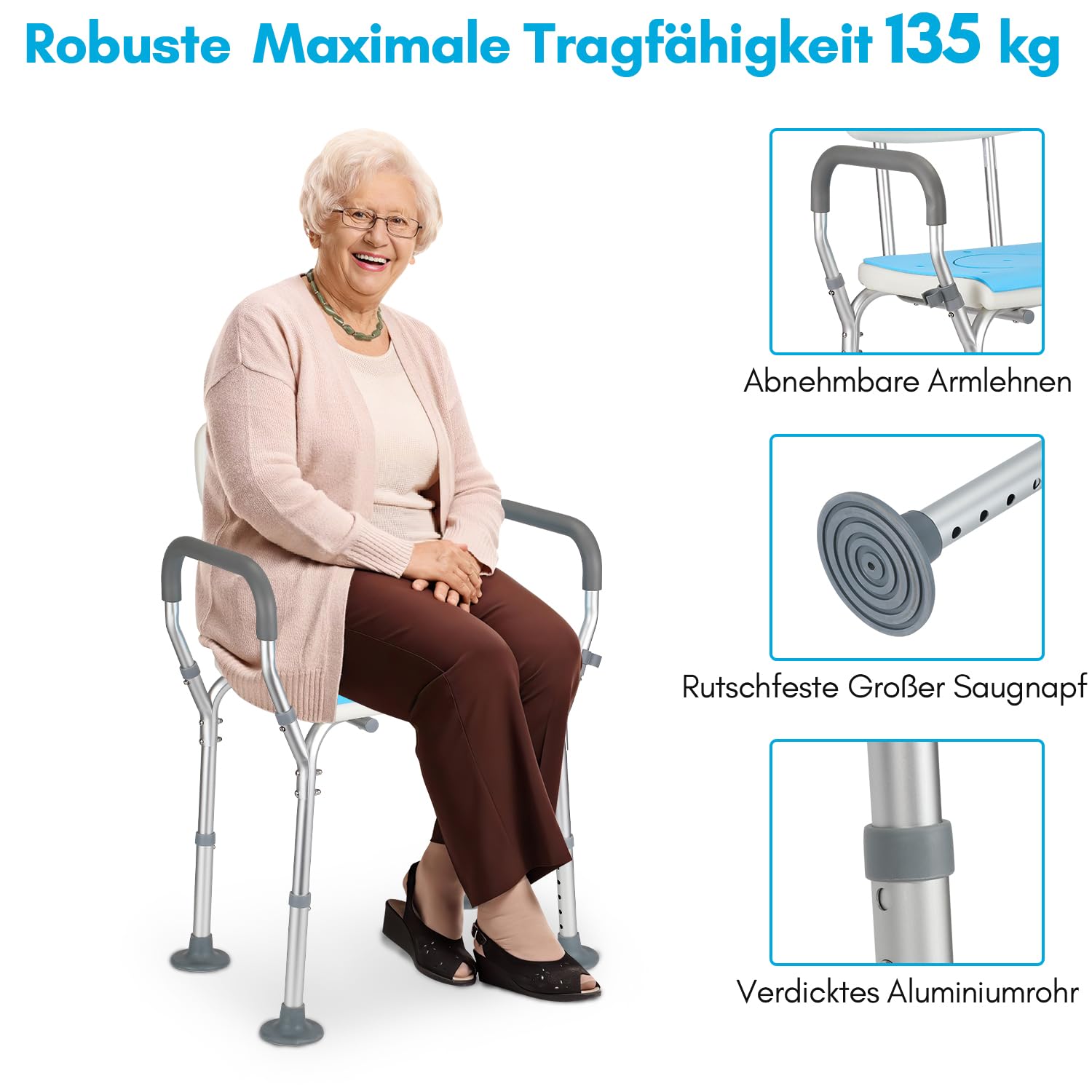 Taburete de ducha para personas mayores, asiento con respaldo, apoyabrazos, altura ajustable, cojín extraíble, antideslizante, ayuda a la ducha de aluminio