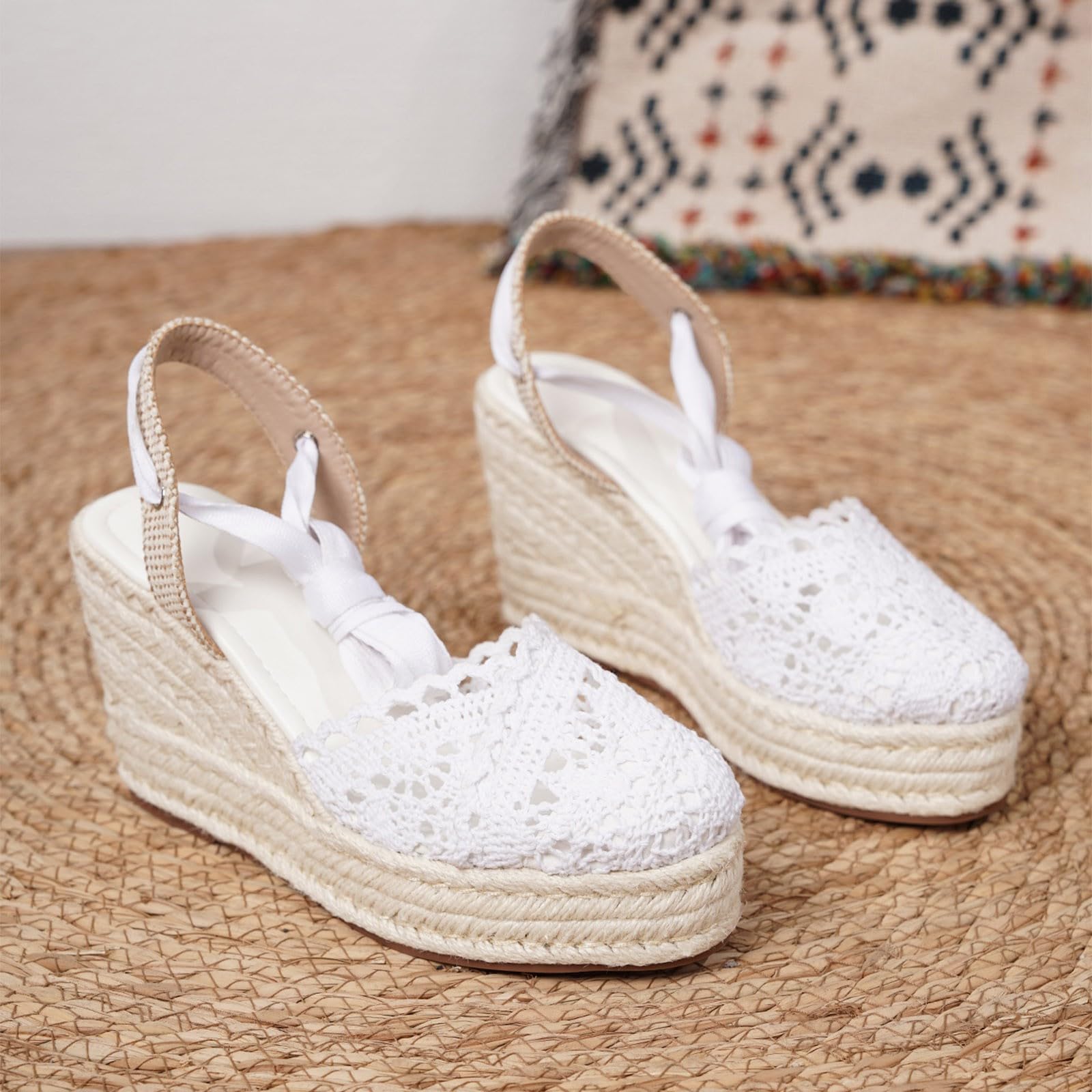 Espadrillas da donna con zeppa e frange, in tela, con zeppa, scarpe estive, sandali con zeppa, infradito bohémien intrecciate, sandali chiusi