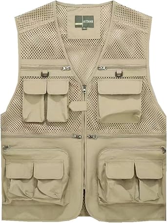 Mens Outdoor Fishing Vest Quick Dry Casual Gilet Multi Pocket Waistcoat Breathable Photography Outerwear Mesh Lined Traveling Hiking Sleeveless Jacket Utility Vest, A-Light Khaki, M, A-light
