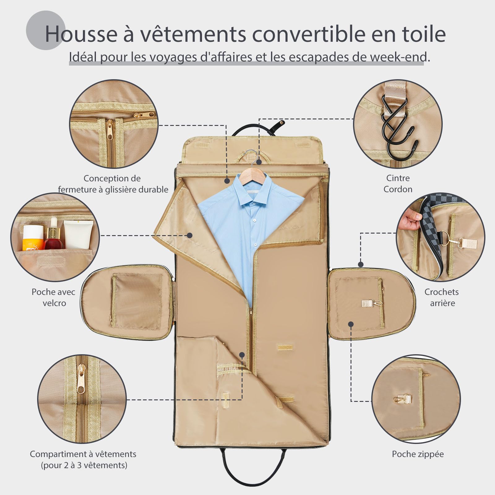 Sac porte-vêtements convertible 50 L, 2 en 1, poche chaussures imperméable, système anti-plis, idéal pour voyages travail et vacances (noir)