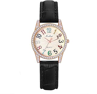 Reloj Redondo de Color para Mujer : Cuarzo Analógico Caja de Diamantes Correa de Cuero Esfera Digital Grande - Reloj de Niña