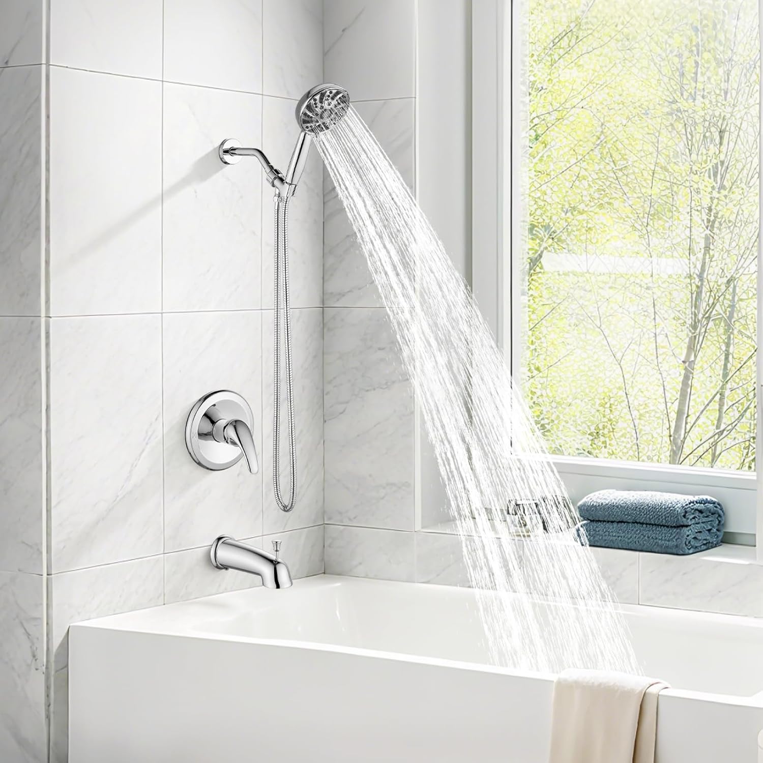 gotonovo Bathroom Shower Head Kit High Pressure Combo System Shower Faucet 6 Modes ABS Handheld Spray Shower Trim Kit Valve Included Shower Head and Handle Set Polished Chrome