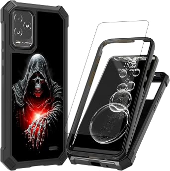 for Blu View 5 Pro Phone Case with Screen Protector [Tempered Glass],Dual Layer Protection Heavy Duty Rugged Shockproof Anti-Scratched Slim,Reinforced Corners,Black Skeleton Man Red