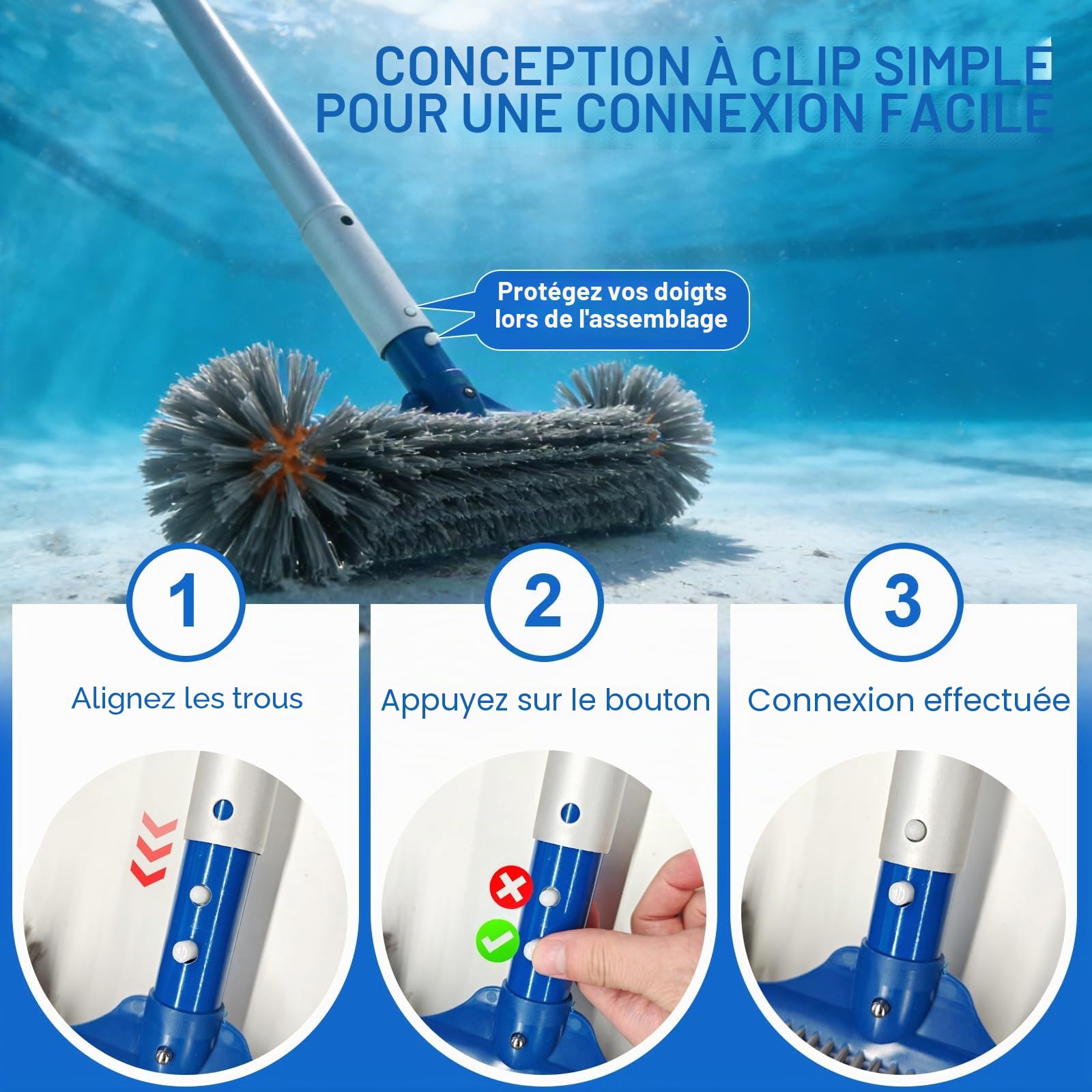 EFUTURETIME 32cm Brosse Piscine Ronde avec 2,7m Manche Telescopique Aluminium pour Liner, Balai Piscine Détachable Brosse Piscine Fond Robustes pour Fibre de Verre, Salles de Bain, Marches de Piscine