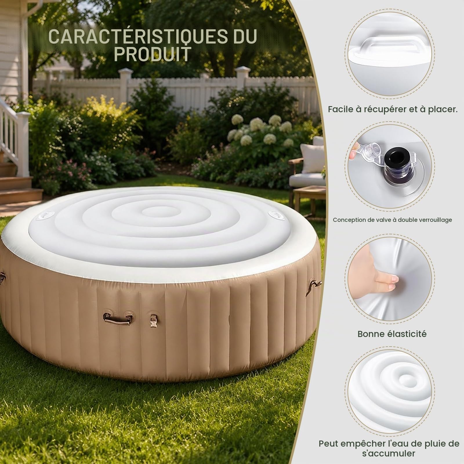 Couverture Thermique pour Bains à remous Ronde et Gonflable avec poignées, Couvercle de Spa Gonflable, Couvercle de Bain à Remous de qualité supérieure et économe en énergie (Blanc, 165CM)