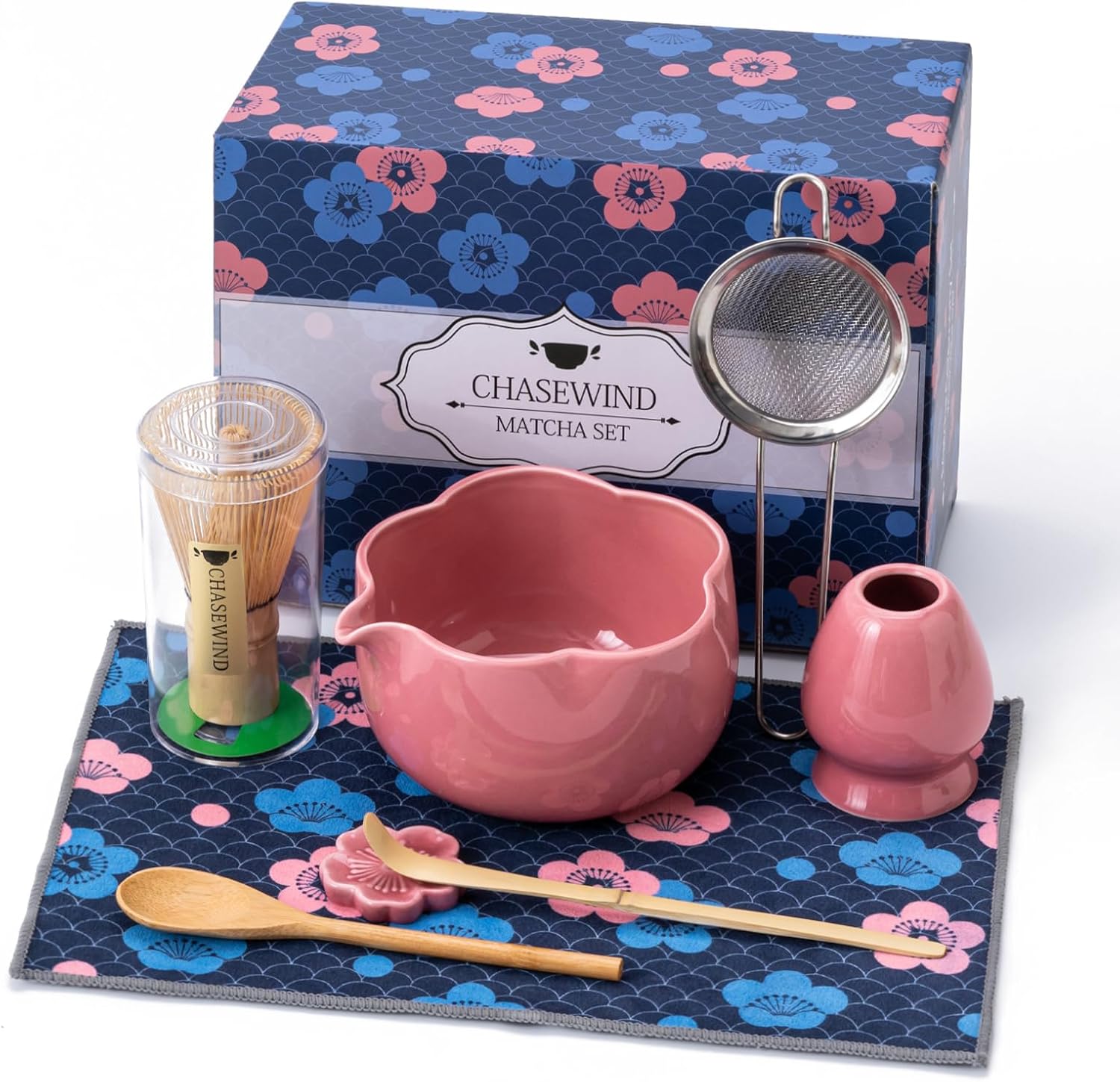Matcha Set, 8Pcs Floral Ceramic Matcha Kit with Matcha Whisk, Holder, Scoop, Scoop Rest, Sifter, Spoon and Tea Towel - Thoughtful Matcha Whisk Set Gift for Matcha Lovers (Pink)