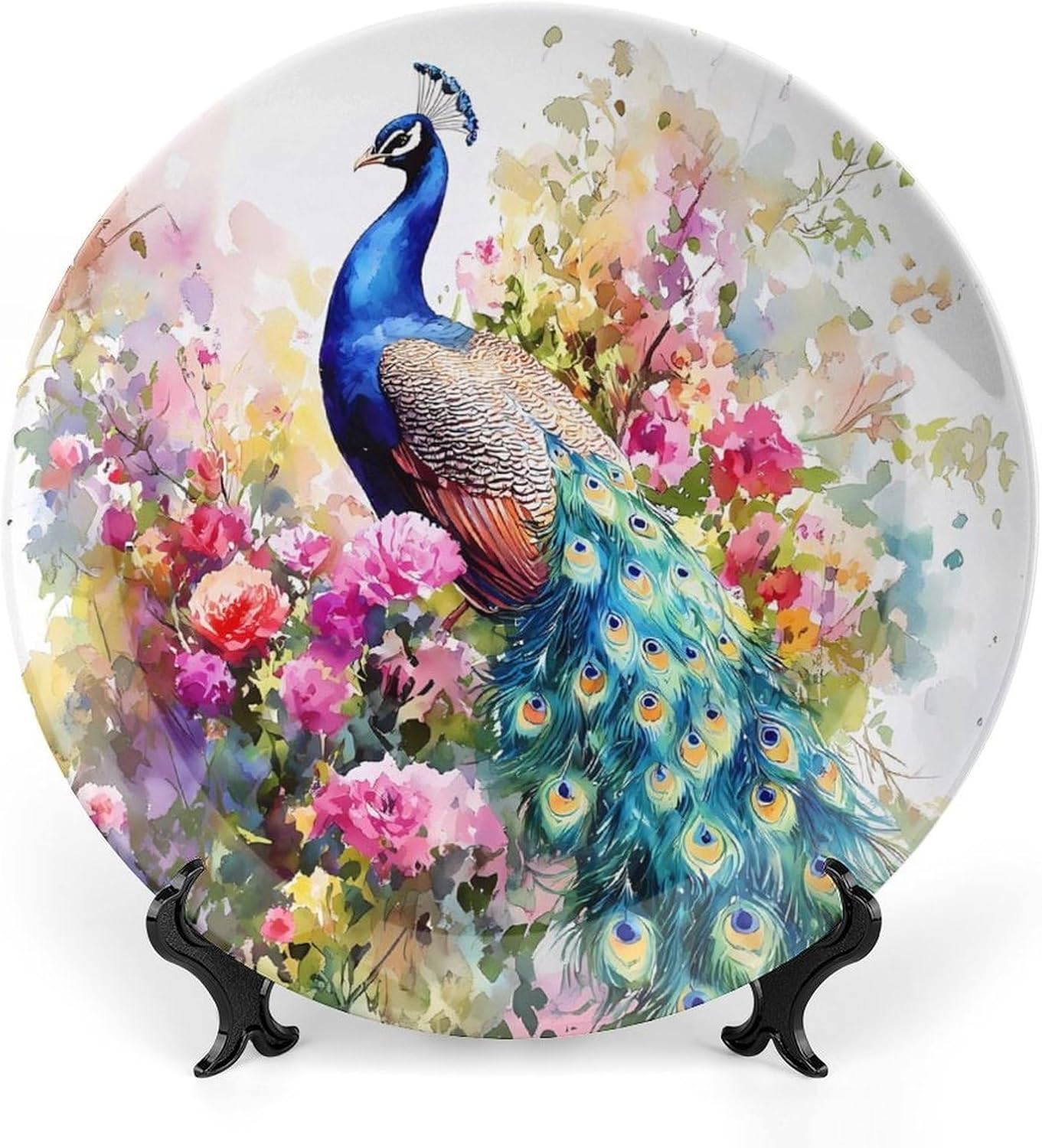 Peacock with Spring Flowers Decorative Plates for Display Ceramic Plate Tray with Stand Hanger Home Decor