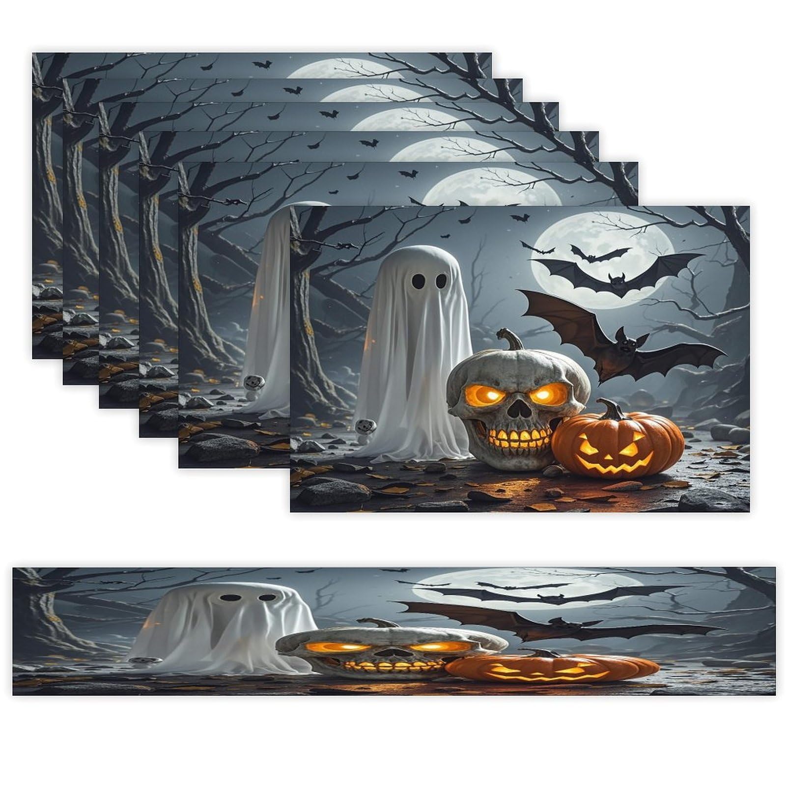 Pumpkin Lantern Ghost Table Runner and Placemats Set of 6 Wipe Clean Heat Resistant Table Mat with Table Runner Decorations Flax Linen Place Mat Set for Home Kitchen Party Supplies