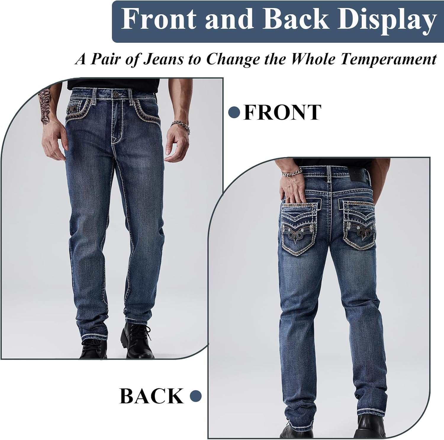 Men's Relaxed Straight Fit Jeans with Comfort Flex Classic Pants for Men Straight Leg Casual Embroidered Jeans