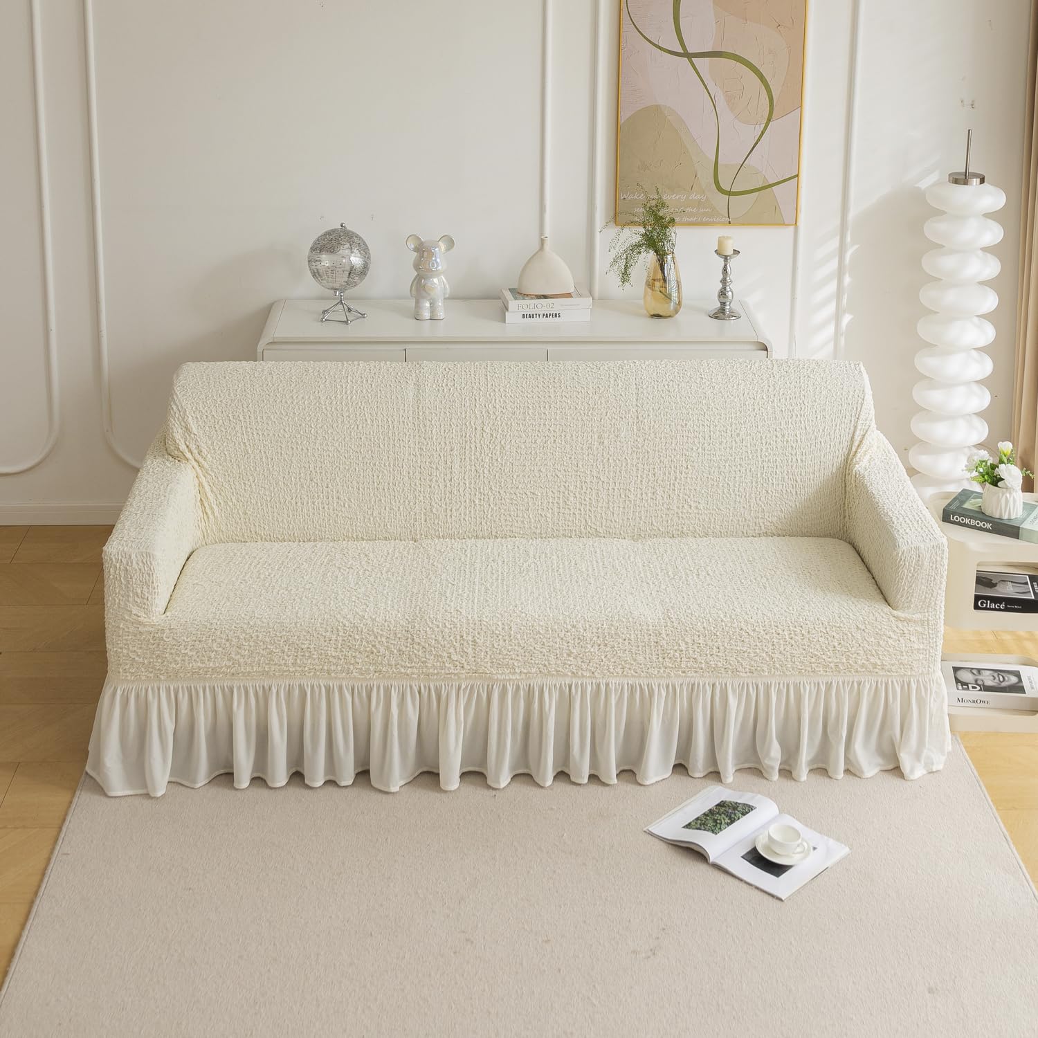 House of Quirk Universal Italian Pattern Sofa Slipcover - Stretch Couch Cover with Stylish Design, Soft Polyester Fabric - Form-Fit, Washable Protector for Pets, Kids & Spills (Three Seater, Cream)