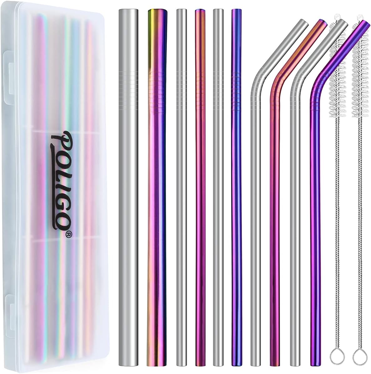 POLIGO 12PCS Long Metal Straws with Cleaner Brush In Case for 20 oz Tumblers