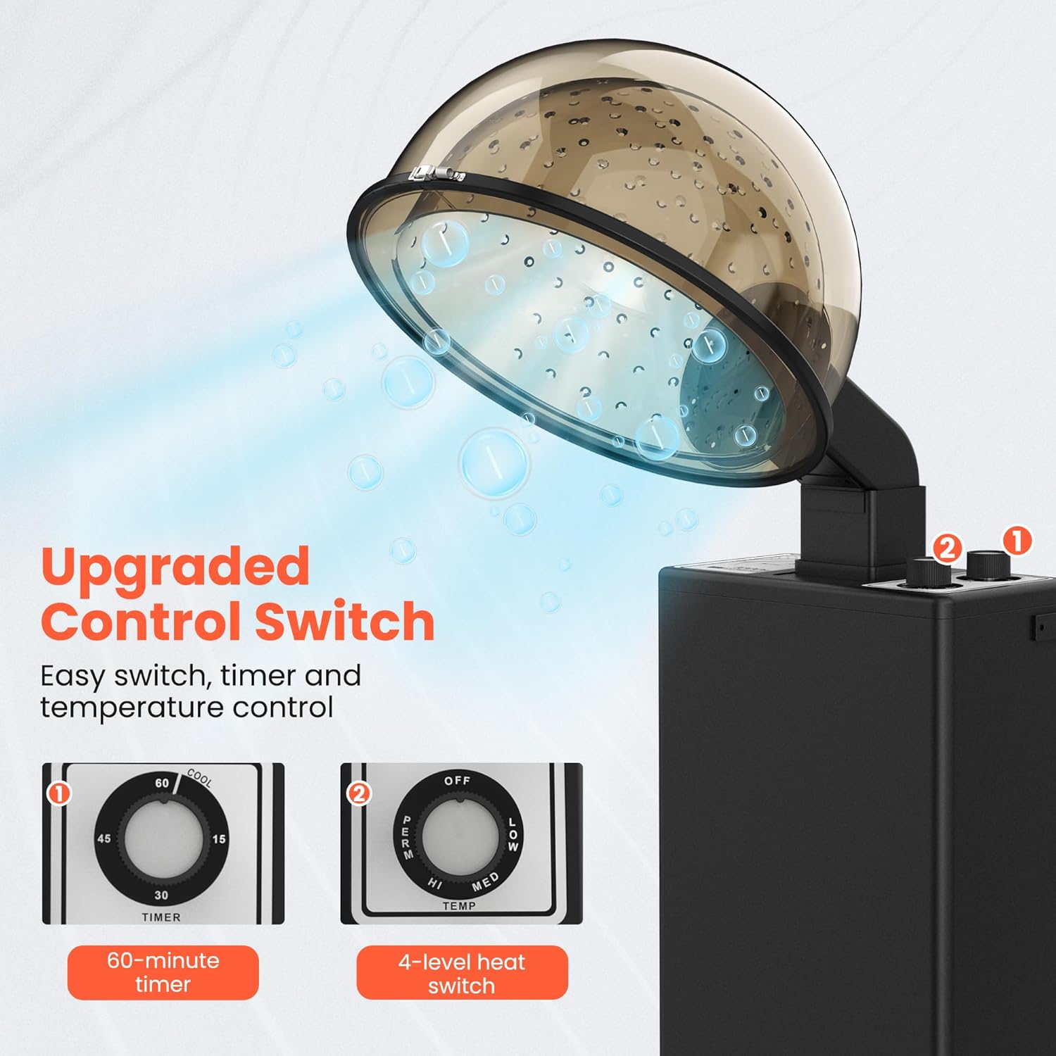 TASALON Professional Hooded Hair Dryer with Detachable Wheels, 1000W Hair Dryer Bonnet for Salon, 60 Minute Timer and 4-Setting Temperature Control, Angle & Height Adjustable Downdraft Hood - Black - Image 3