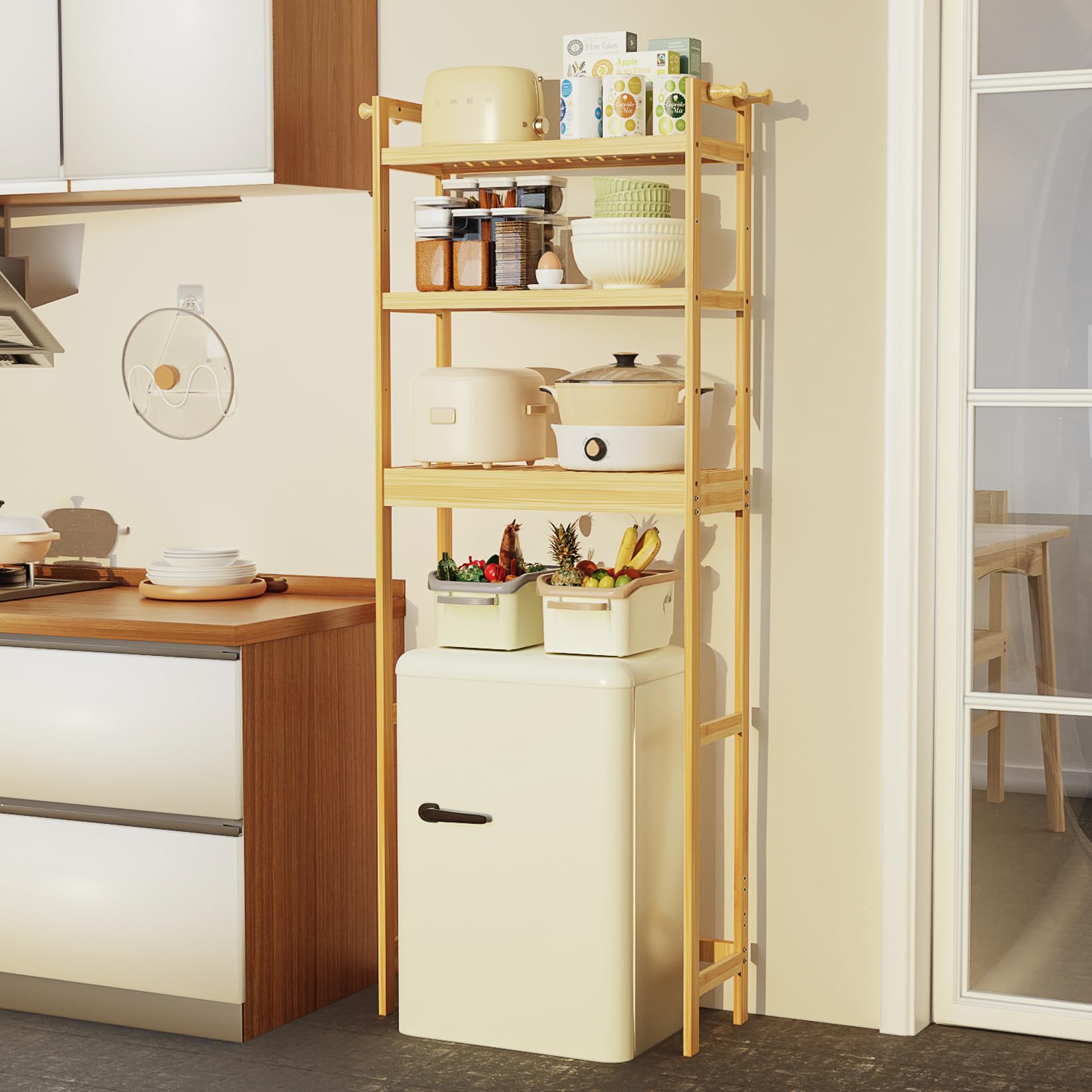 unho Scaffale Mensola per Lavatrice: Bagno Mobile Sopra WC in Bambù Portaoggetti Ripiani Regolabili Salvaspazio Scaffalatura per Lavatrice 63x26x170 cm