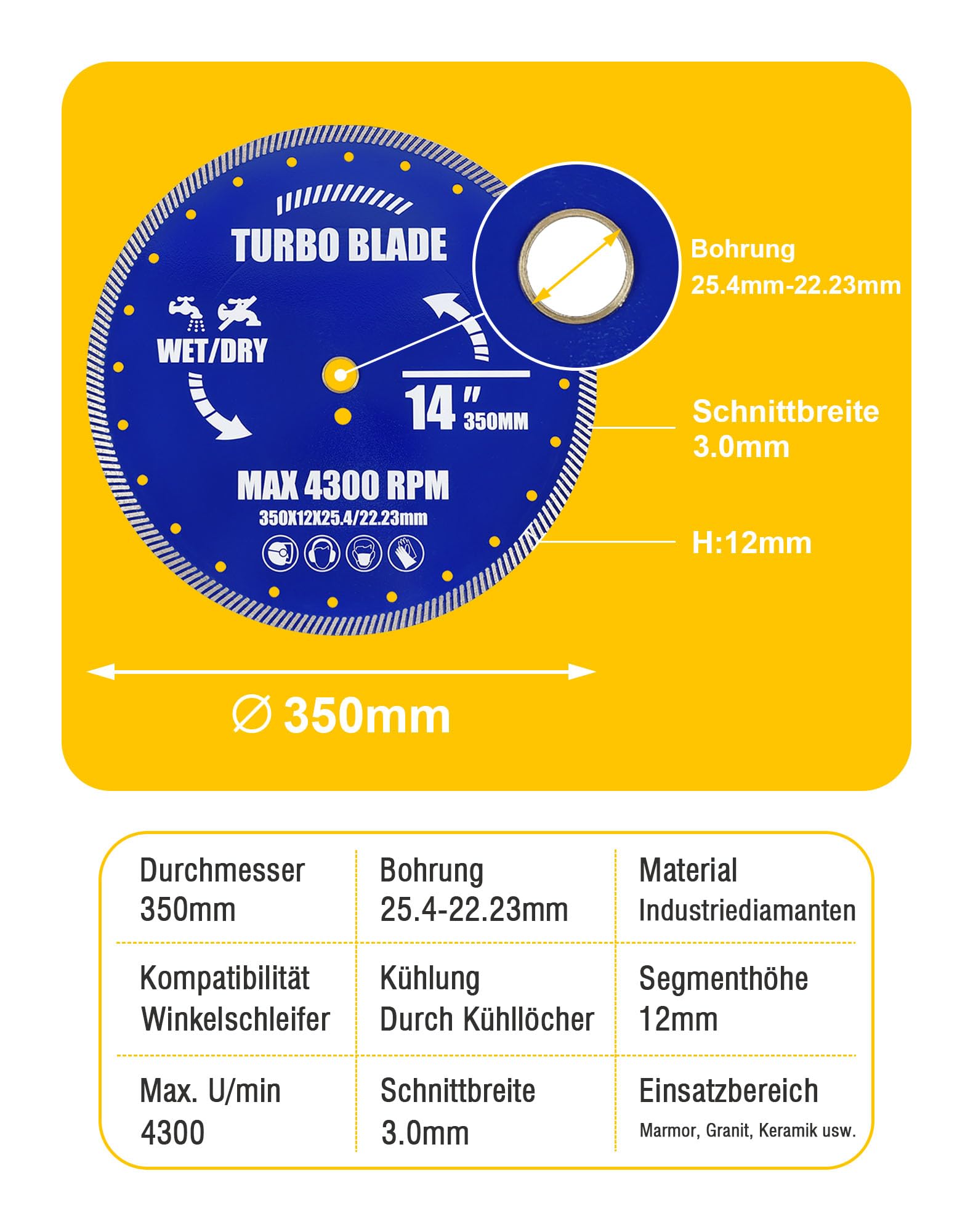 Diamant-Trennscheibe Ø 350 mm x 25,4 mm,Diamantscheibe für Beton, Granit, Stein für Stein,Beton,Granit,Ziegel uvm