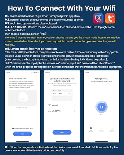 Miniatura 3 de Ecoey Detector de humo WiFi, alarma de humo WiFi con tecnología fotoeléctrica y LED, alarma de humo con función de prueba y silencio y advertencia