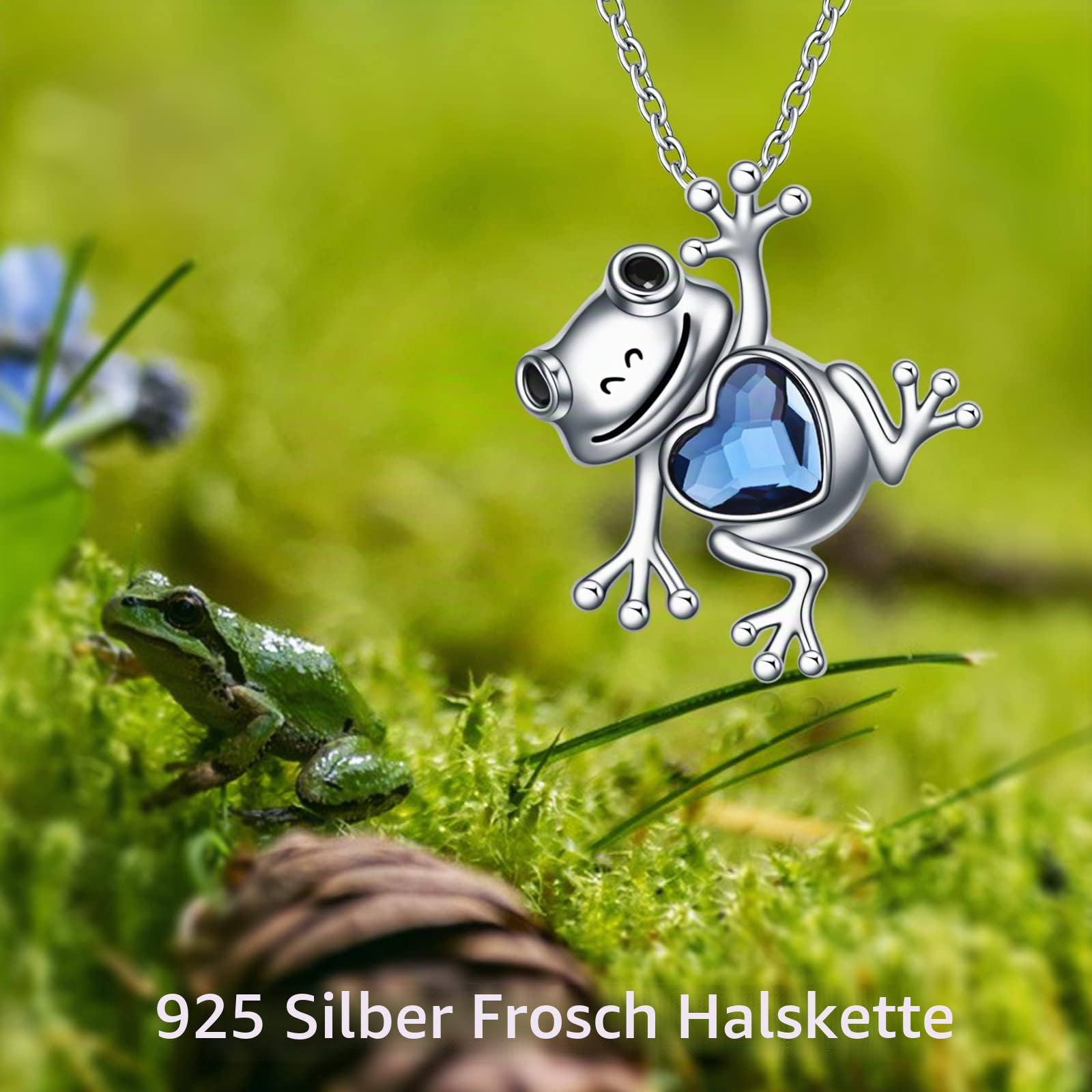 Axeluna Frosch-Halskette für Damen, 925er Sterlingsilber, Frosch-Anhänger mit Herz-Kristallkette, Schmuck, Geschenke für Frauen