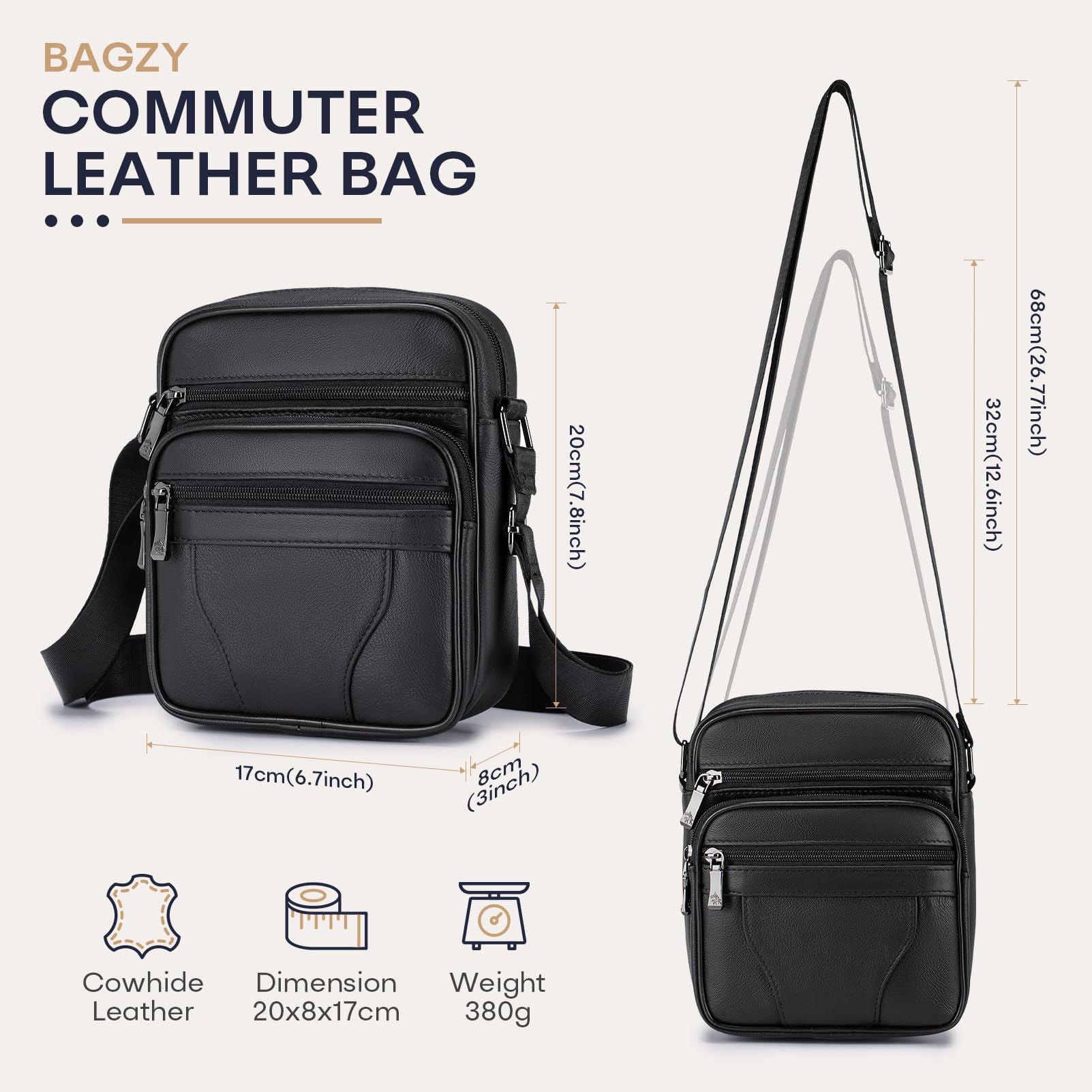 BAGZY Sacoche Homme Bandouliere Sacoche Homme Cuir Veritable Petit Sac Bandoulière Homme Sac Porté Epaule Sacs Business Sacs à Dos Porté Travers Pochettes Sacs à Main Voyage