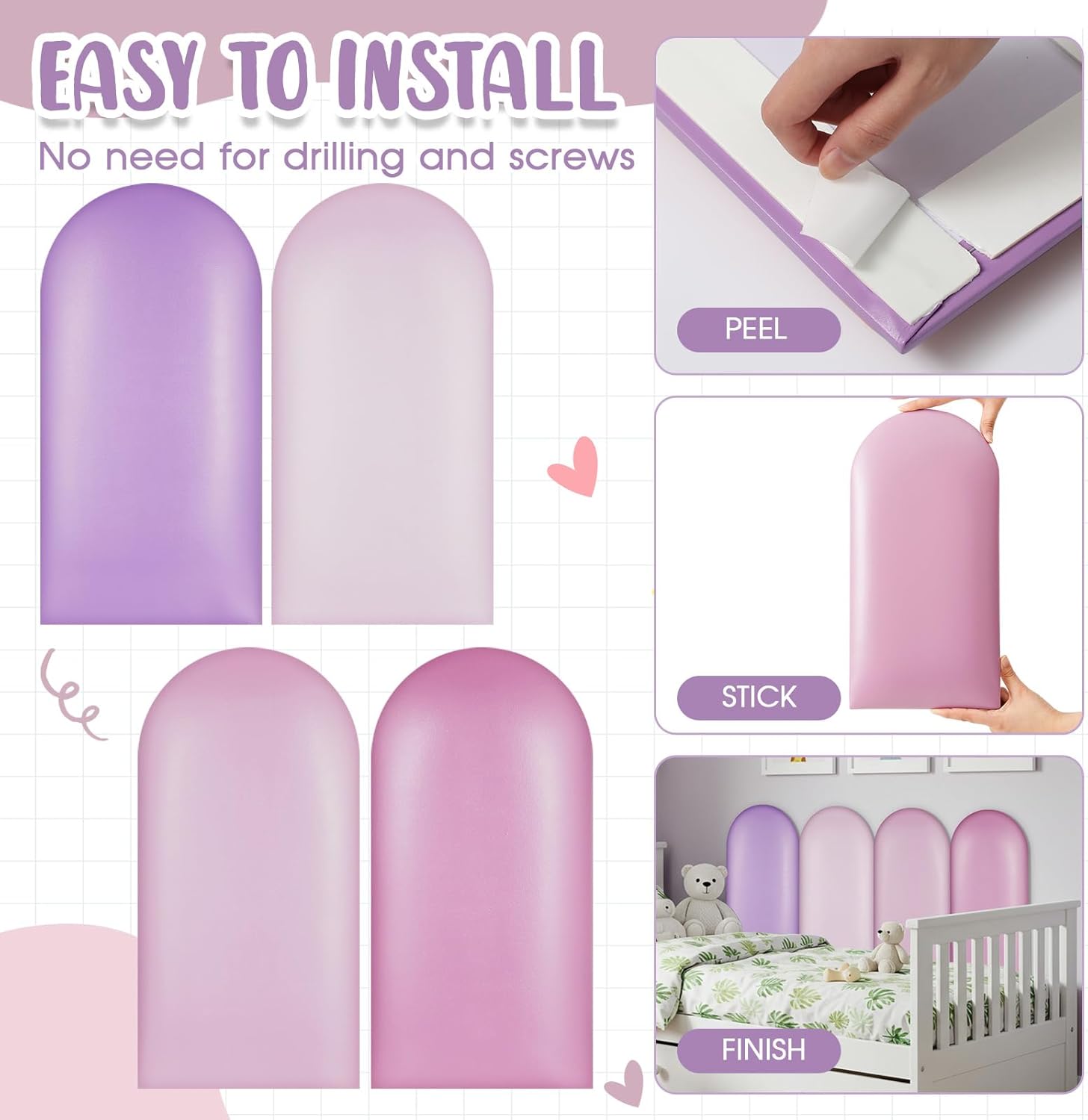 Jetec 4 Pcs Wall Padding for Kids with Autism Playroom Anti Collision 3D 15. 75 x 7. 87 Inch Peel and Stick Headboard Upholstered Wall Panels for Nursery Protection(Purple Series)