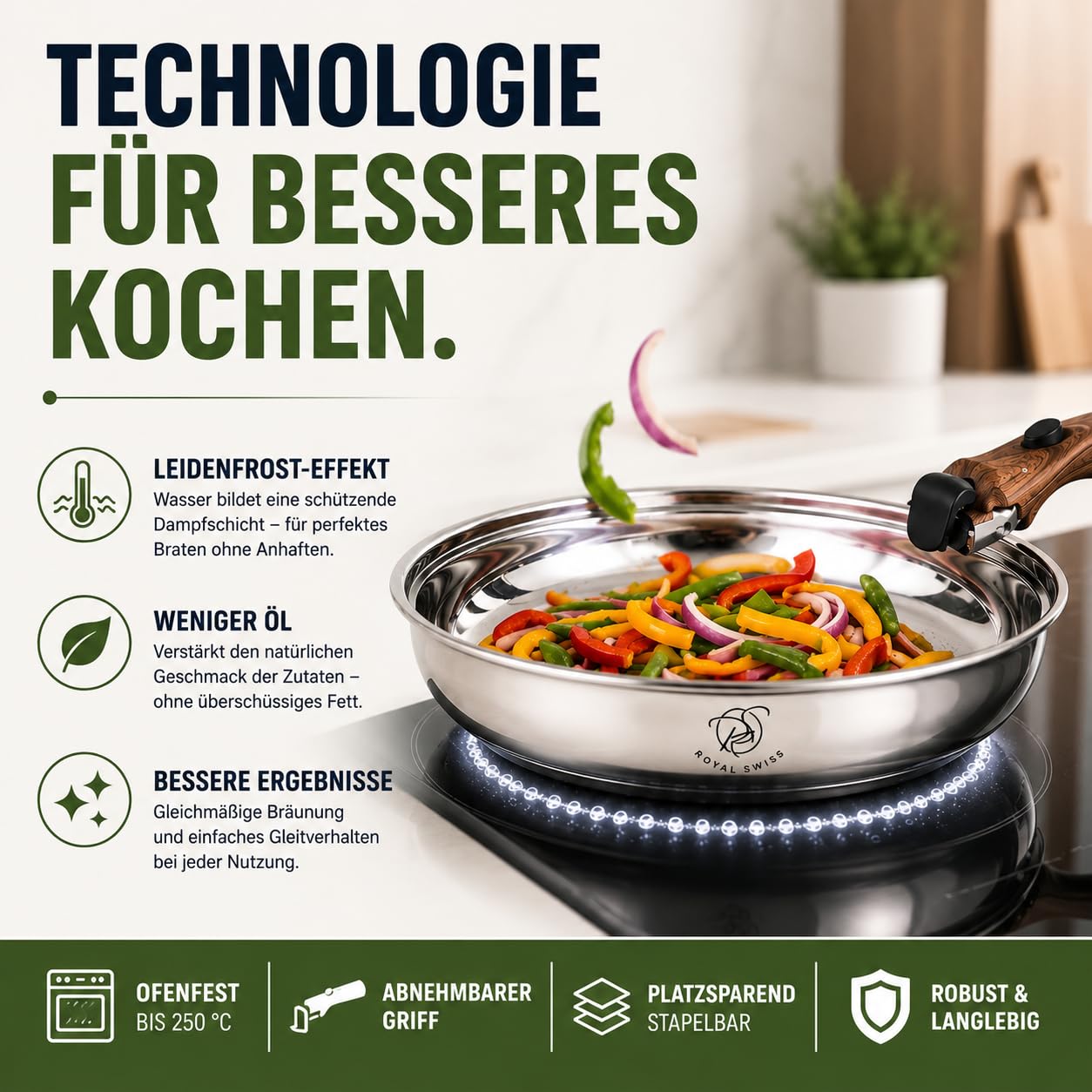 Royal Swiss® Premium Edelstahl Pfannen Set – 3-teilig (24 & 28 cm) mit Abnehmbarem Griff – Induktion & Alle Herdarten – Platzsparendes Stapelsystem – Profi Kochgeschirr – PFOA-frei – Silber