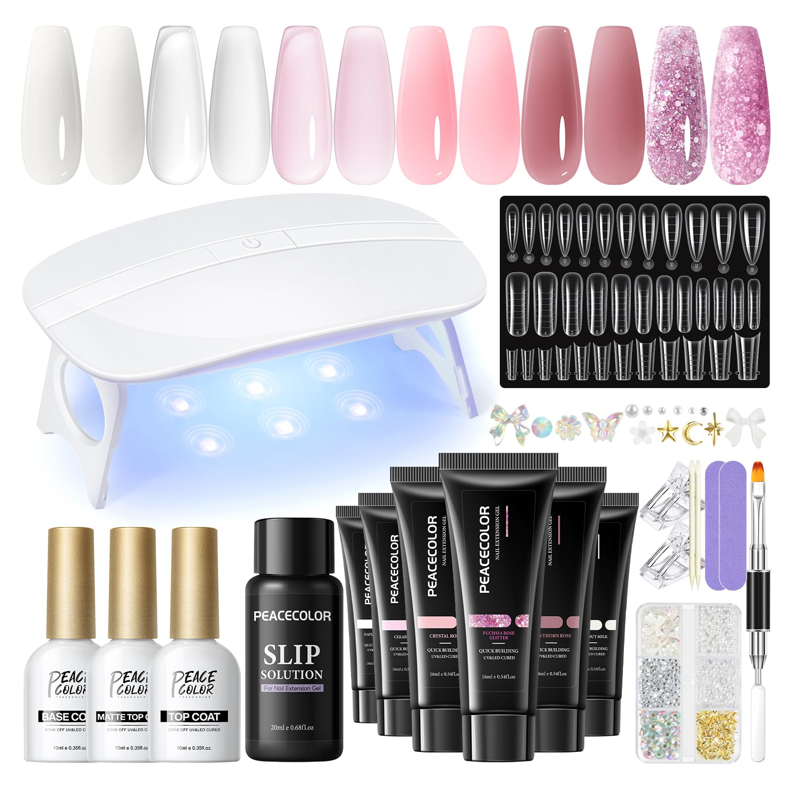 PEACECOLOR Kit Unghie Gel Completo Set Unghie Gel Ricostruzione 6 Colori Nudo Bianco Trasparente 16ml Set con Base y Top Coat per Principianti al Fai Da Te a Casa