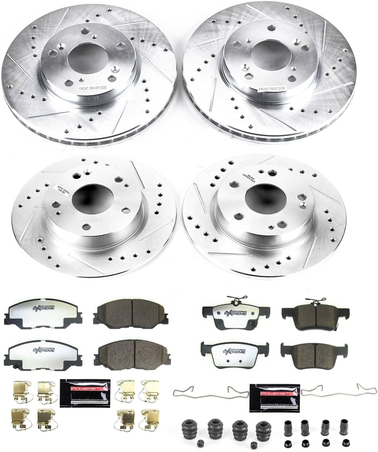 PowerStop Front and Rear Brake Kit For Honda Civic 2022-24 | Honda Insight 2019-22 - Carbon Fiber Ceramic Brake Pads + Drilled & Slotted Rotors Upgrade, K8343-26
