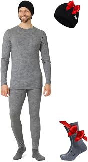 Merino.tech Merino Wool Base Layer Mens Set + Beanie - Midweight Merino Wool Mens Thermal Underwear Set Top, Bottom