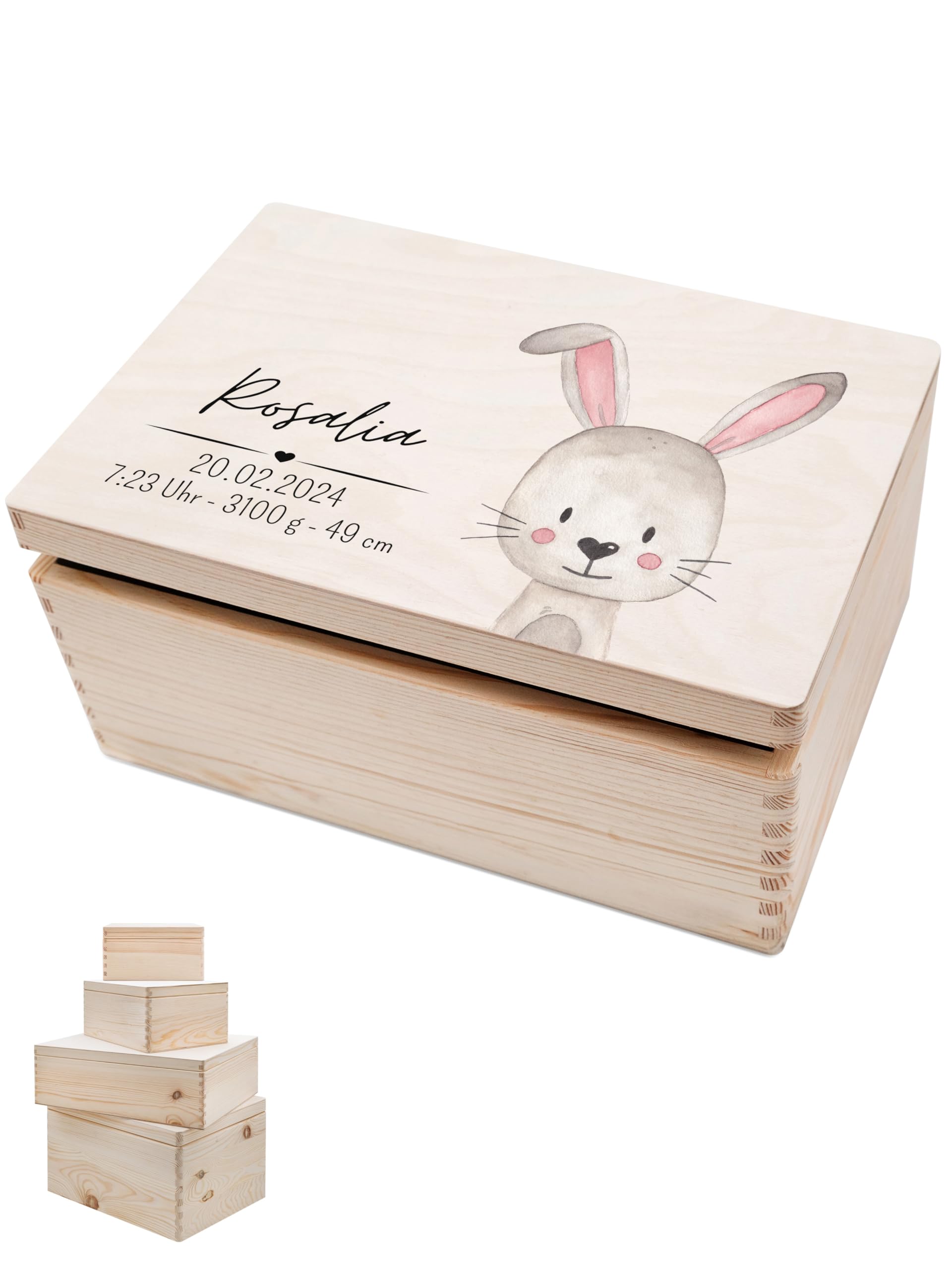 wunderwunsch - Personalisierte Erinnerungskiste Baby mit Spezial-Druck - Baby Erinnerungsbox - Erinnerungskisten aus Holz - Geschenk zur Geburt (Hase, M Stülpdeckel)