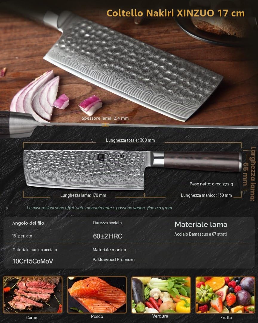 XINZUO 17cm Coltello Nakiri da Cucina -67 Strati Acciaio di Damasco Coltello da Cuoco Professionali -Adatto per Tagliare Carne, Pesce, Verdura e Frutta -Manico in Legno di Pakka -He Serie