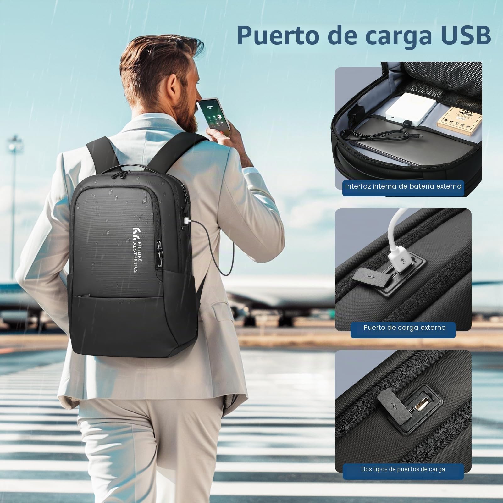 Mochila de Negocios para Ordenador Portátil de 15,6 Pulgadas | Impermeable y Robusta con Puerto de Carga USB - Confort y Almacenamiento Multifuncional para Hombre Volumen 20L (Negro)