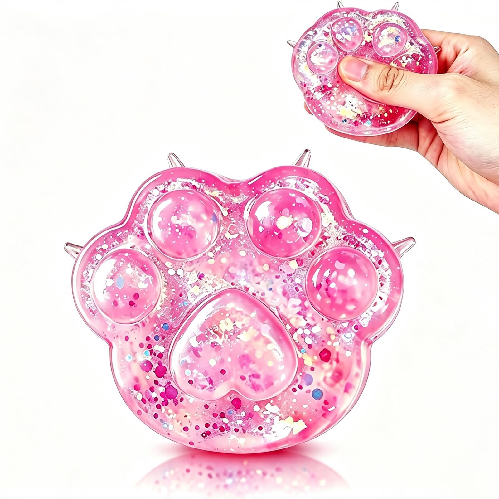 Glitter Cat Paw Squishy Fidget Squeeze Toy, Sensory Stress Relief Toy for Anxiety Relief & Better Focus, Cute Mini Pink Animal Ornament Squeeze Toys for Boys Girls Adult Birthday Party Favors