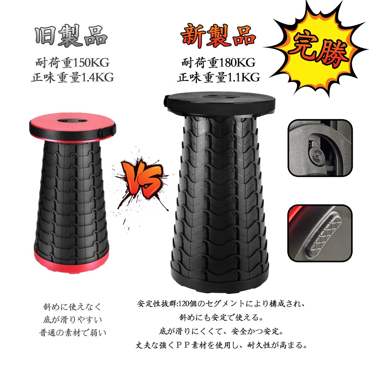 Folding Chair, Outdoor Chair, Extendable, Camping Chair, Foldable, Camping Stool, Lightweight, Compact, Easy to Carry, Load Capacity 396.8 lbs (180 kg), Quick Open and Close, Height Adjustable - 3