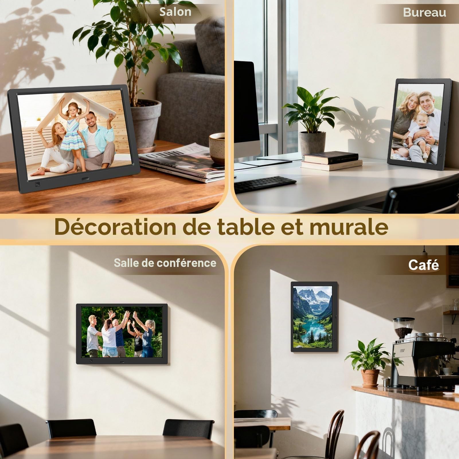 Cadre photo numérique électronique sans Wi-Fi, écran IPS de 10,1 ", avec clé USB de 32 Go et détecteur de mouvement, calendrier, minuterie, photo, vidéo, lecteur de musique, montage mural