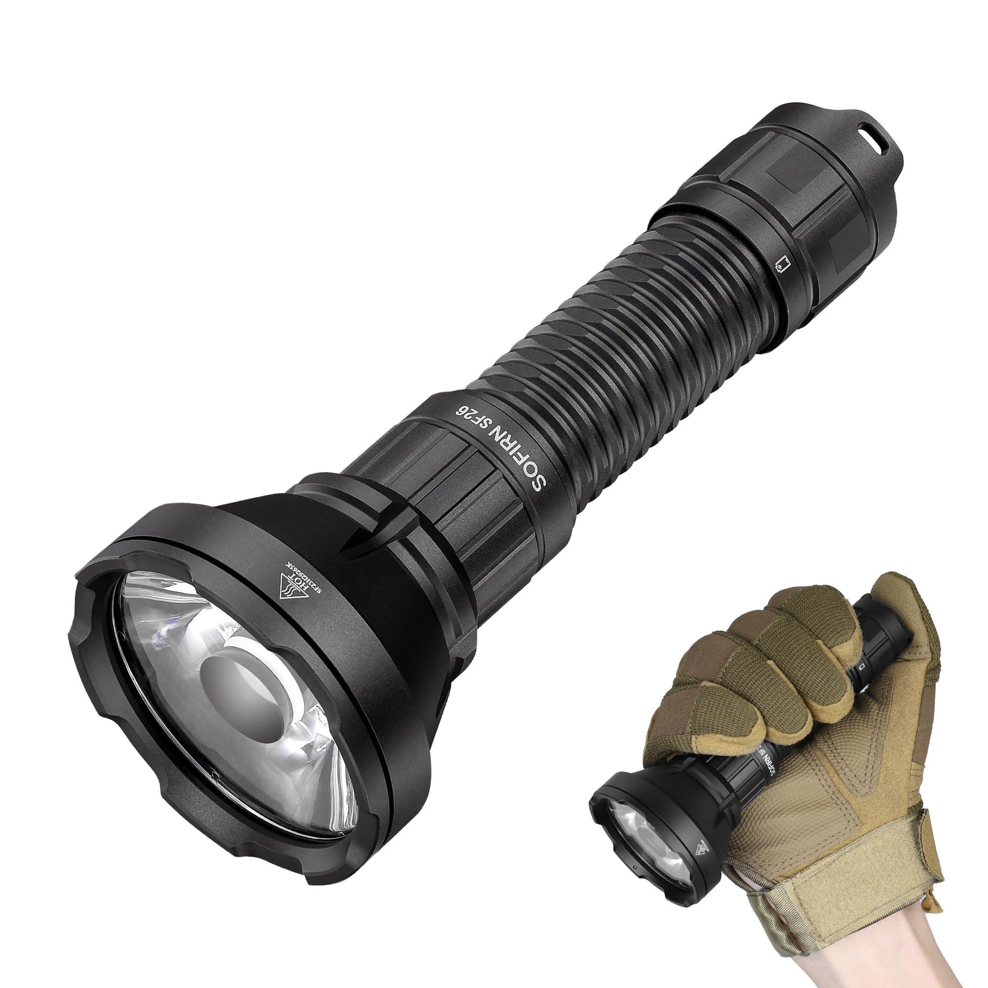 sofirn SF26 Torcia Tattica 2000 lm, 964 m Lunga Gittata Torcia LED, Interruttore Posteriore Tattico e Accesso Rapido allo Strobe, USB-C Ricaricabile, IPX8 per Outdoor, Caccia, Sicurezza