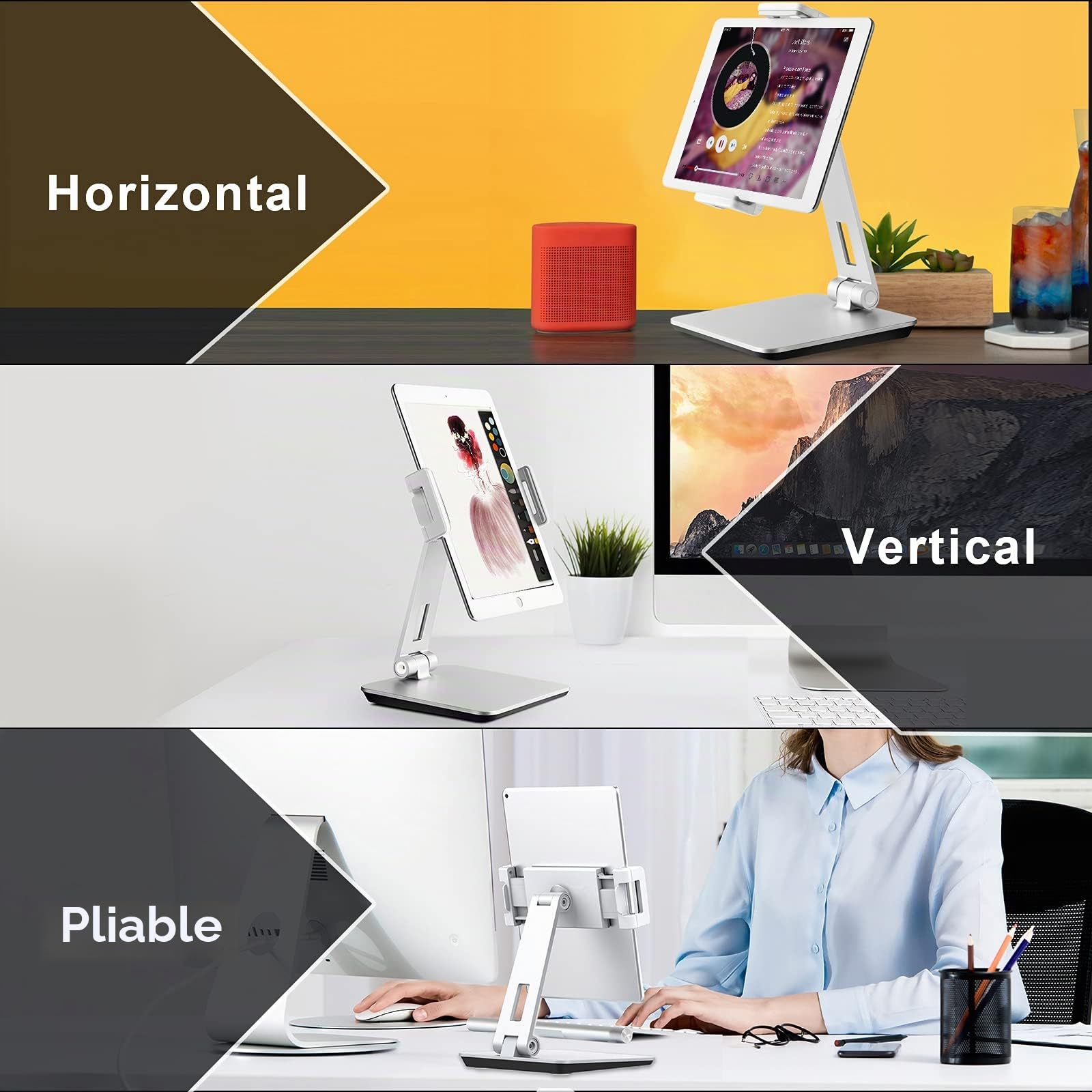 Support Tablette Réglable et Pliable, Porte Tablette Bureau Aluminium Lourd Pivotant à 360°, Compatible avec iPad Pro/Air/Mini, Samsung Tab, Surface Pro, Kindle Fire (7-13") (Argenté)
