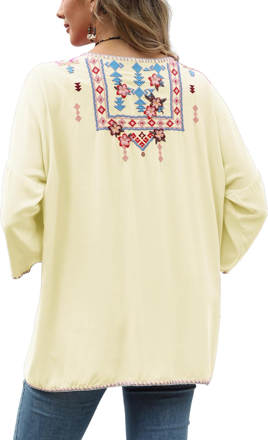 Grosy Boho Embroidered Mexican Tops for Women Bohemian Clothes, Plus Size Peasant Blouse Hippie Shirt 3/4 Sleeve Tunic - Image 4
