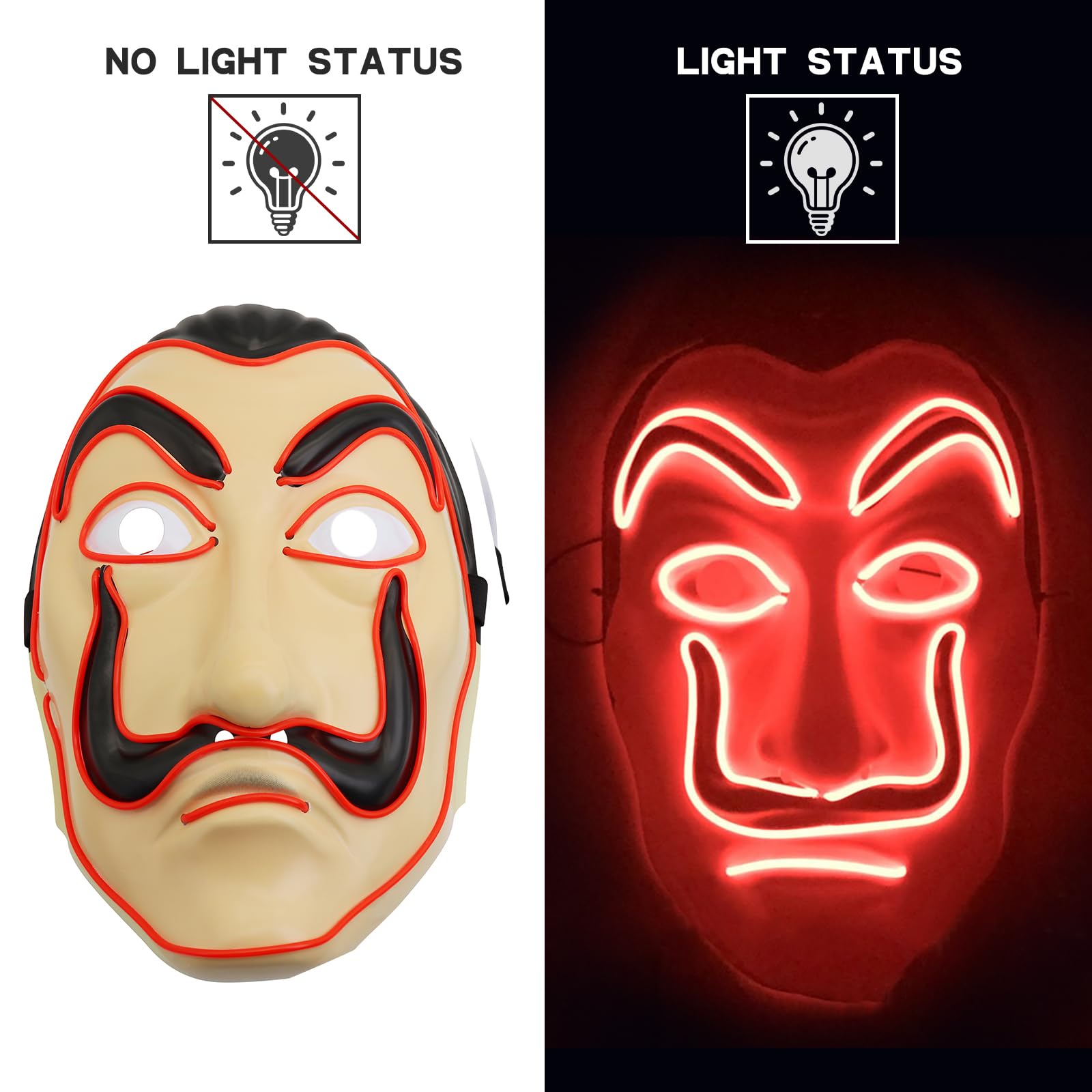 Halloween Mask with LED Lights - Scary Light-Up Mask for Costume Parties Cosplay, Masquerade & Carnival Festivals (Yellow A) - Image 2