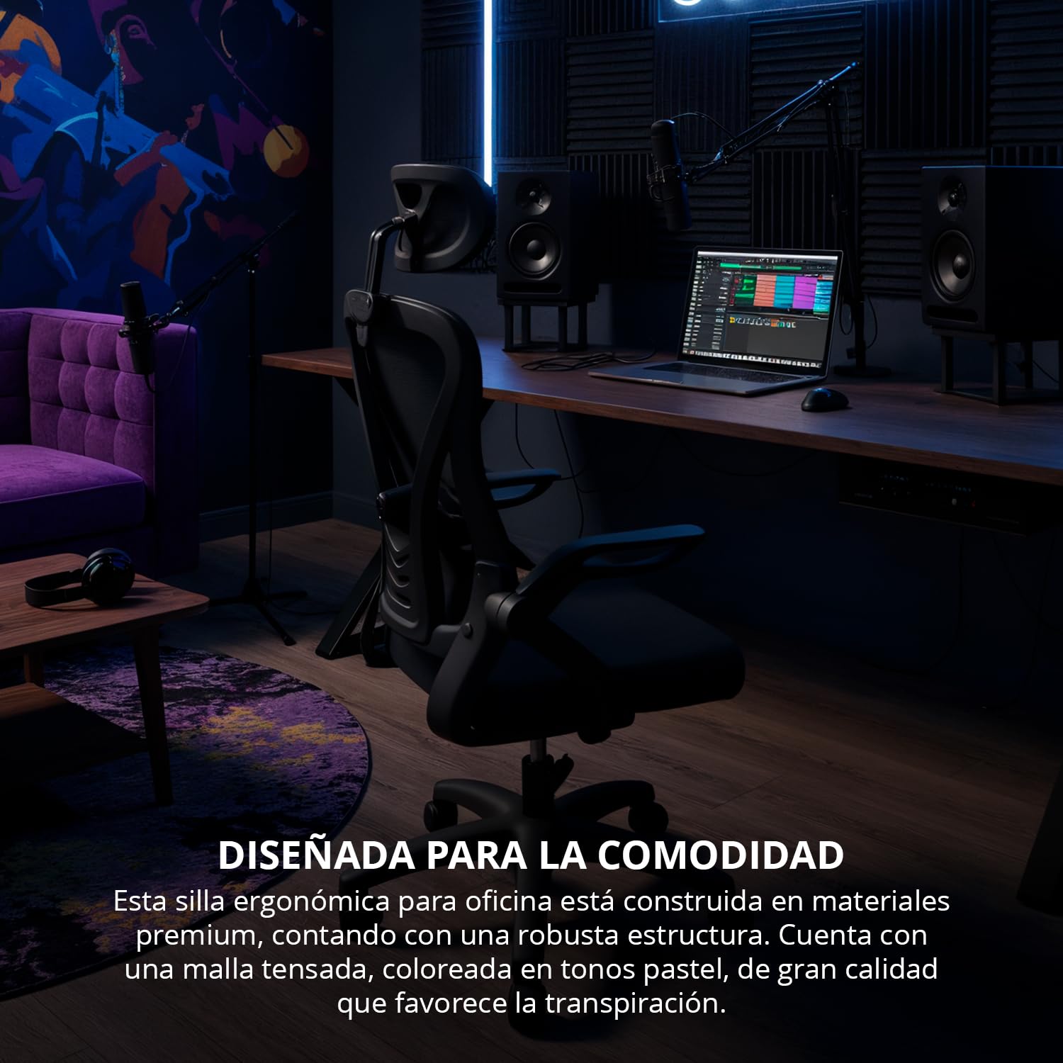 DRIFT GAMING DRAIR35 – Silla Escritorio Ergonómica Oficina y Hogar de Malla tensada Transpirable, Reclinable 90-120°, Reposacabezas y Reposabrazos Abatibles, Soporta hasta 120 kg, Negro