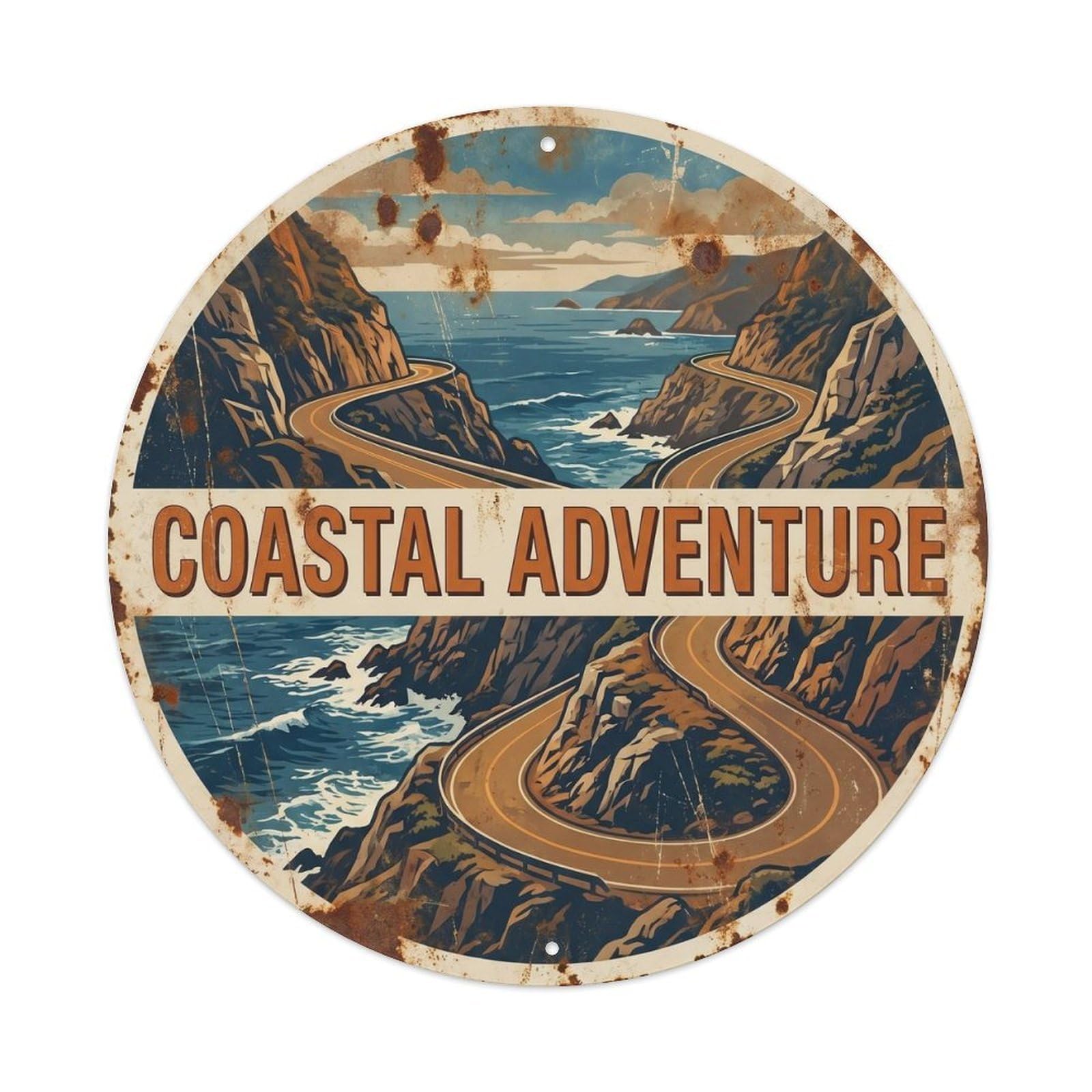 Coastal Italy Road Adventure Travel Heritage Panorama Metal Tin Sign Plaque Wall Decor for Cafe, Man Cave, Club Bar, Office, Home Garden Round Metal Poster 8x8Inch