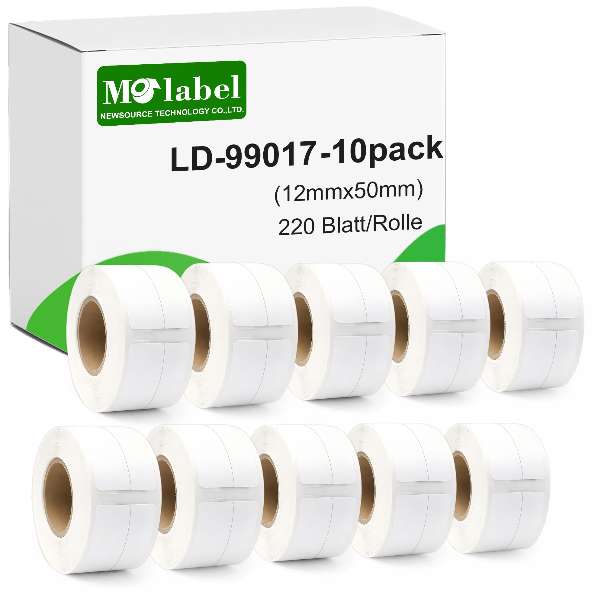 10 rollos de etiquetas autoadhesivas 99017, compatibles con DYMO S0722460, 12 mm x 50 mm, un total de 2200 etiquetas, adecuadas para etiquetas de carpetas, compatibles con LabelWriter 450