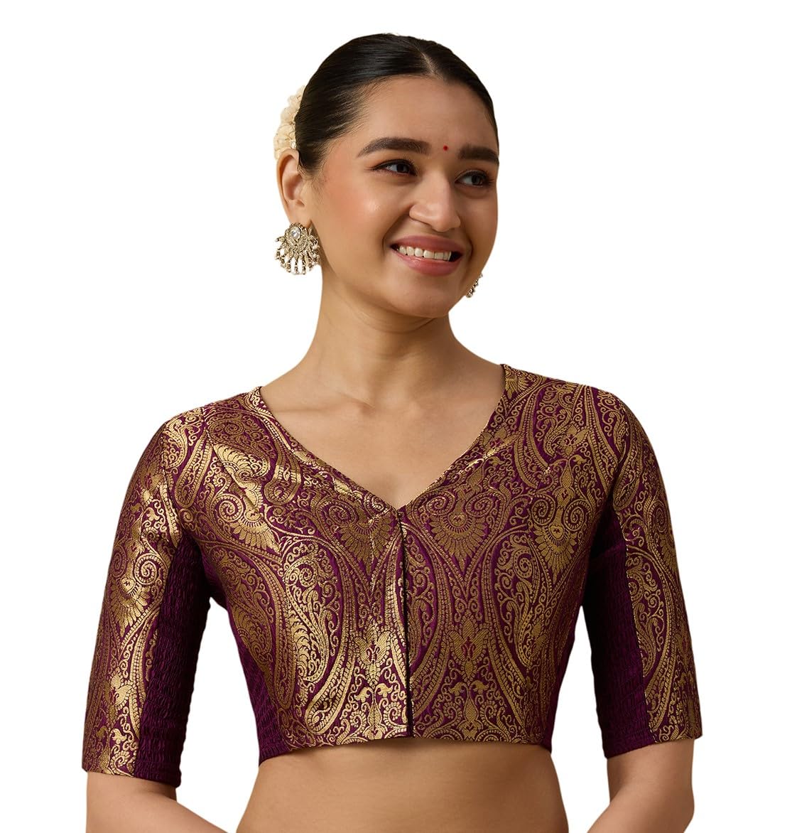 Studio Shringaar Women's Brocade Side Stretch (Smocked) Readymade Saree Blouse