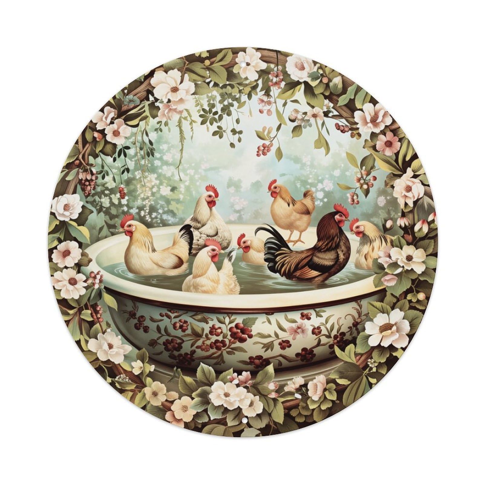 Floral Chicken Bath Scene Pattern Round Tin Sign Retro Metal Sign for Cafe Bar Pub Home Game Room Gym Club Wall Decoration Vintage Metal Poster 8x8 Inch