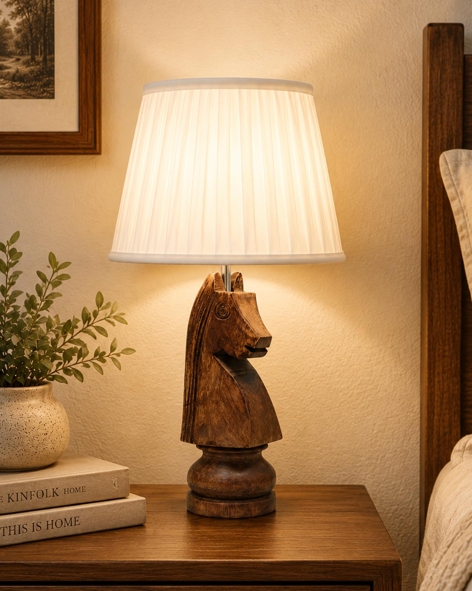 Homesake Chess Bedside Table Desk Lamp Rustic Wood Base Fabric Shade for Décor, Accent Light, Gameroom, Kids', Living Room, Bedroom, Knight, (Ribbed Beige) - Led-image-2